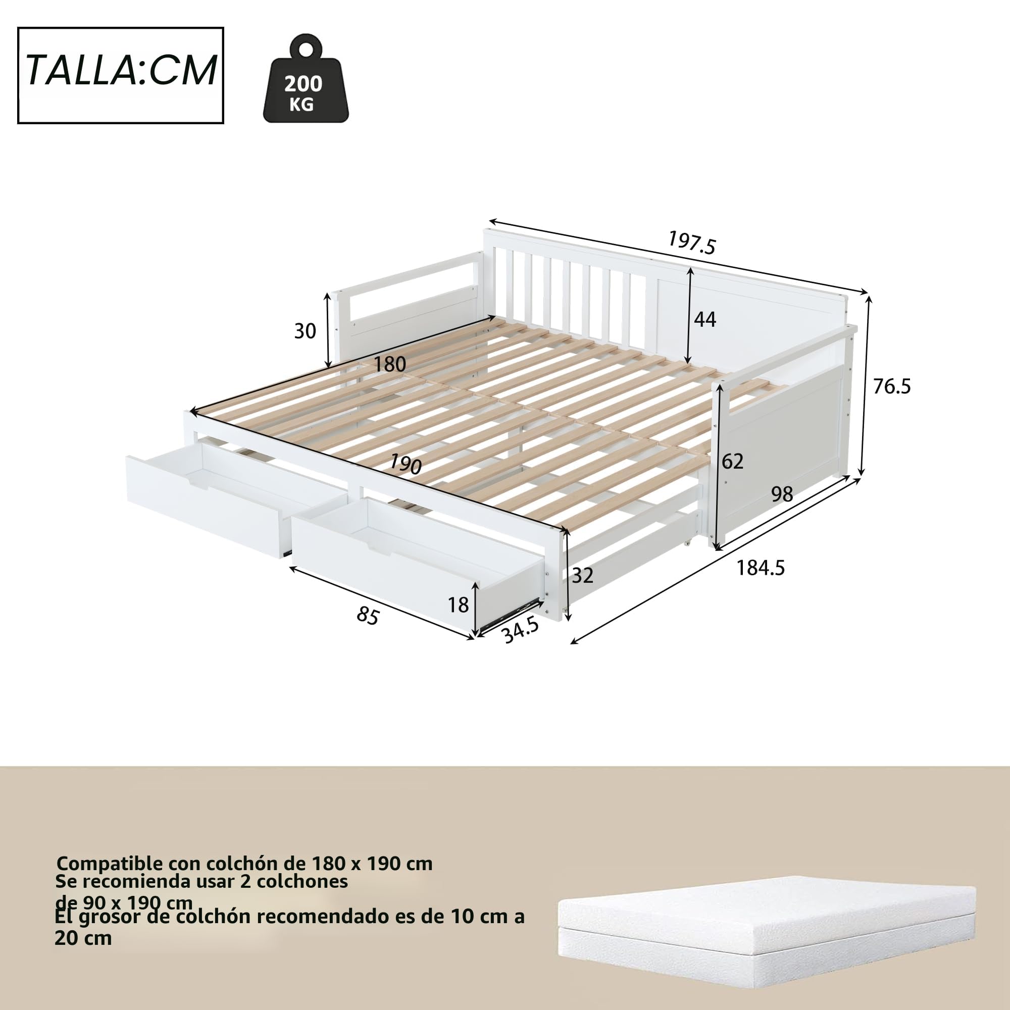 Cama de día multifuncional dos-en-uno 90 (180) x 190 con somier de pino, cajones y cama nido (Blanco)