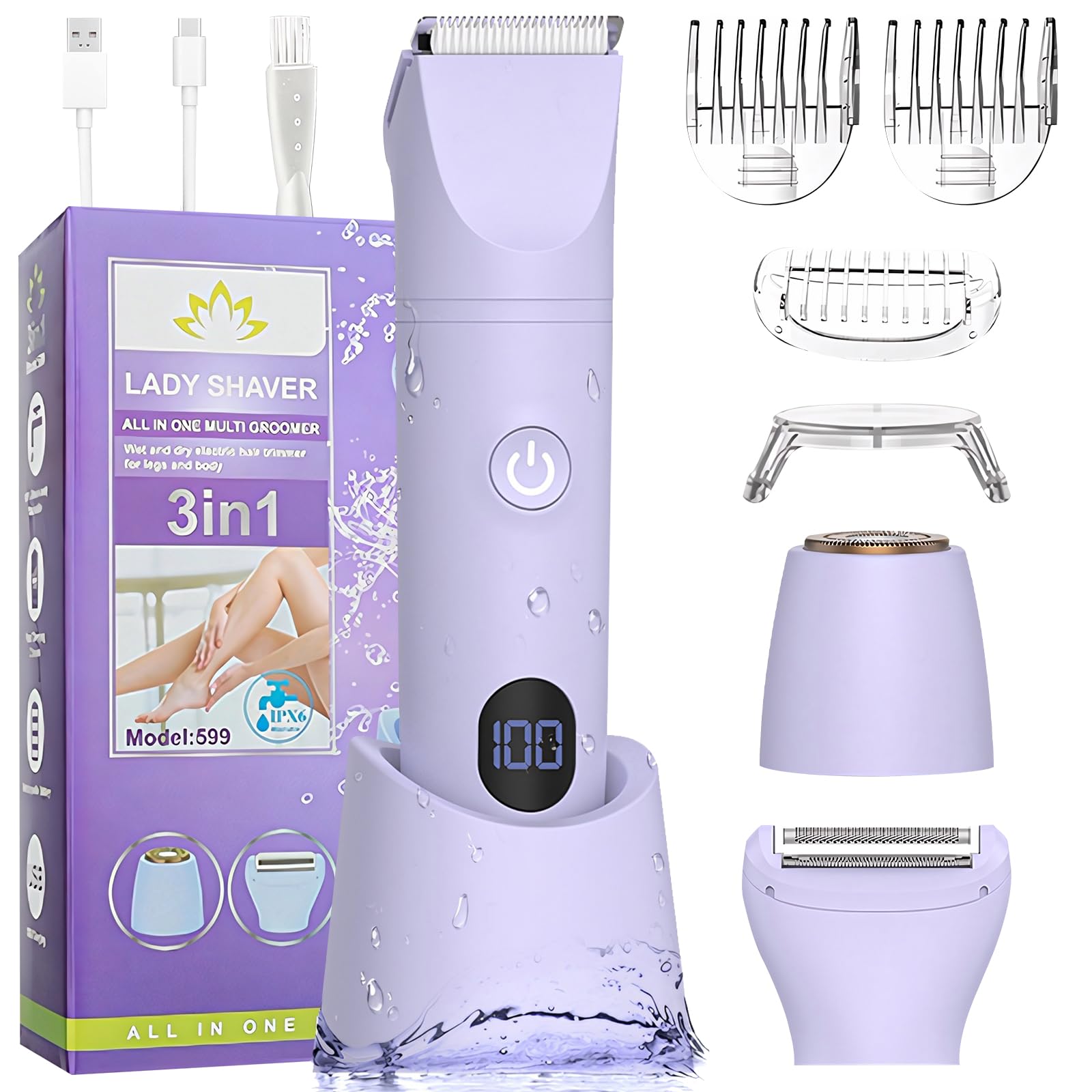 MIFXIN Rasoio elettrico 3 in 1 per le donne trimmer bikini IPX6 impermeabile bagnato asciutto epilatore per bikini ascelle gambe braccia corpo viso (viola)