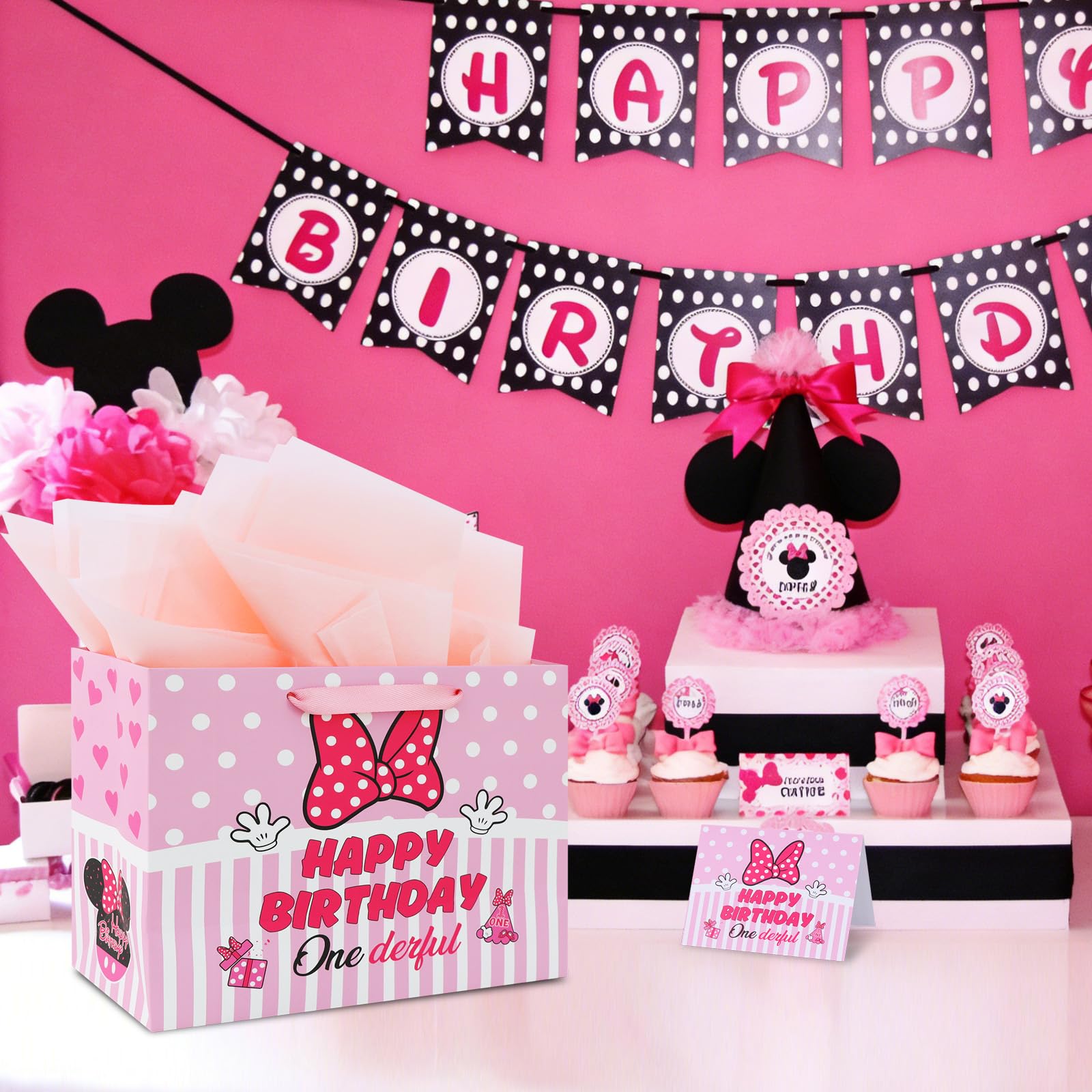 BAOOOFUL 13" Pink Mouse Theme Happy 1st Birthday Gift Bag with Tissue Paper and Greeting Card for Party,Birthday Wrapping Paper for Boy and Girls,Party Decorations Party Supplies(1 Pcs)