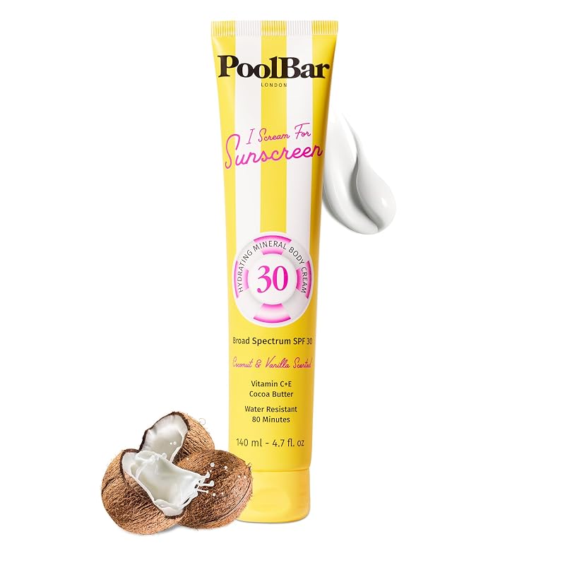 Protetor solar corporal mineral PoolBar SPF 30 com fragrância de coco e baunilha, vegano e resistente à água, 140 mL