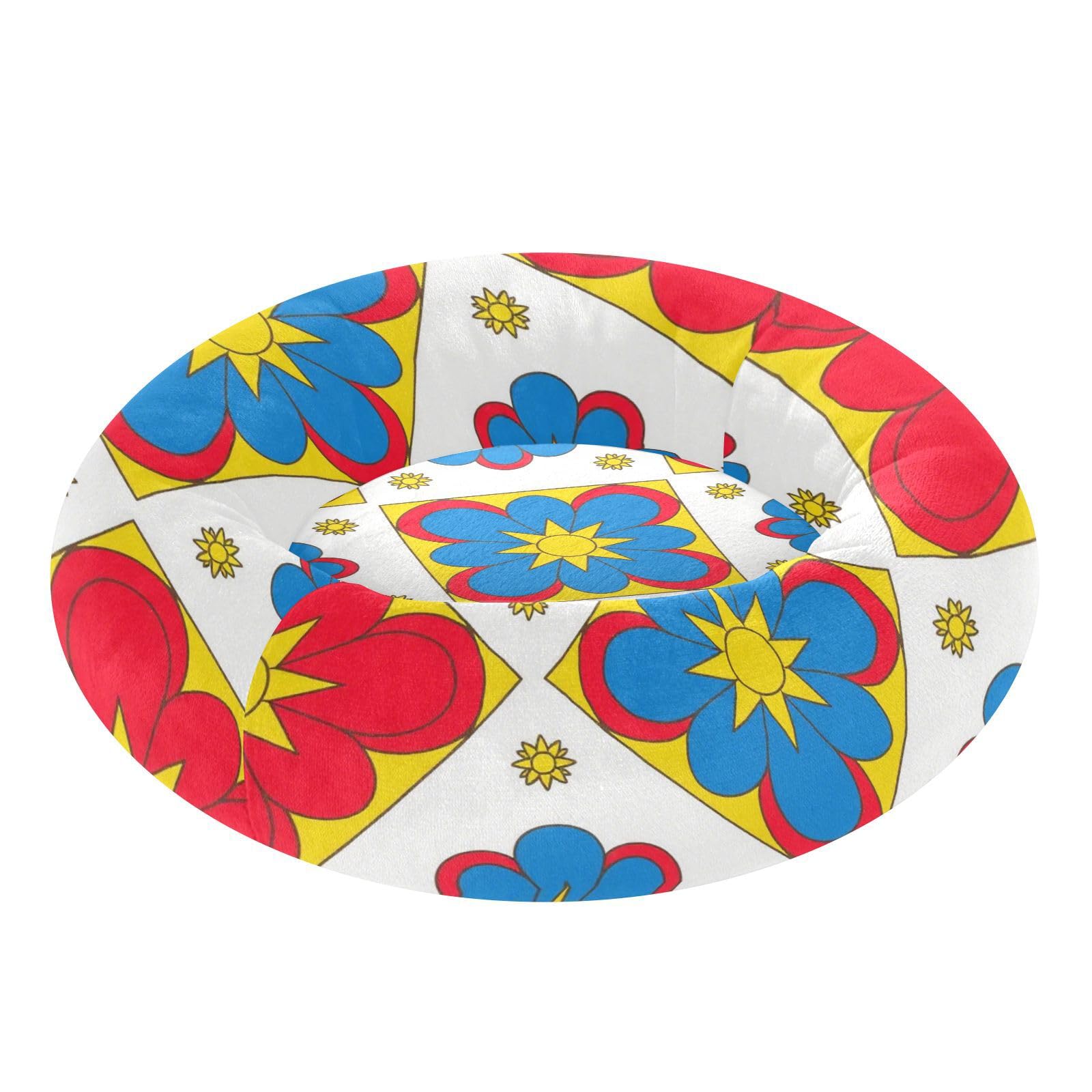 Lit orthopédique lavable chien moyen fleurs abstraites bleu rouge M