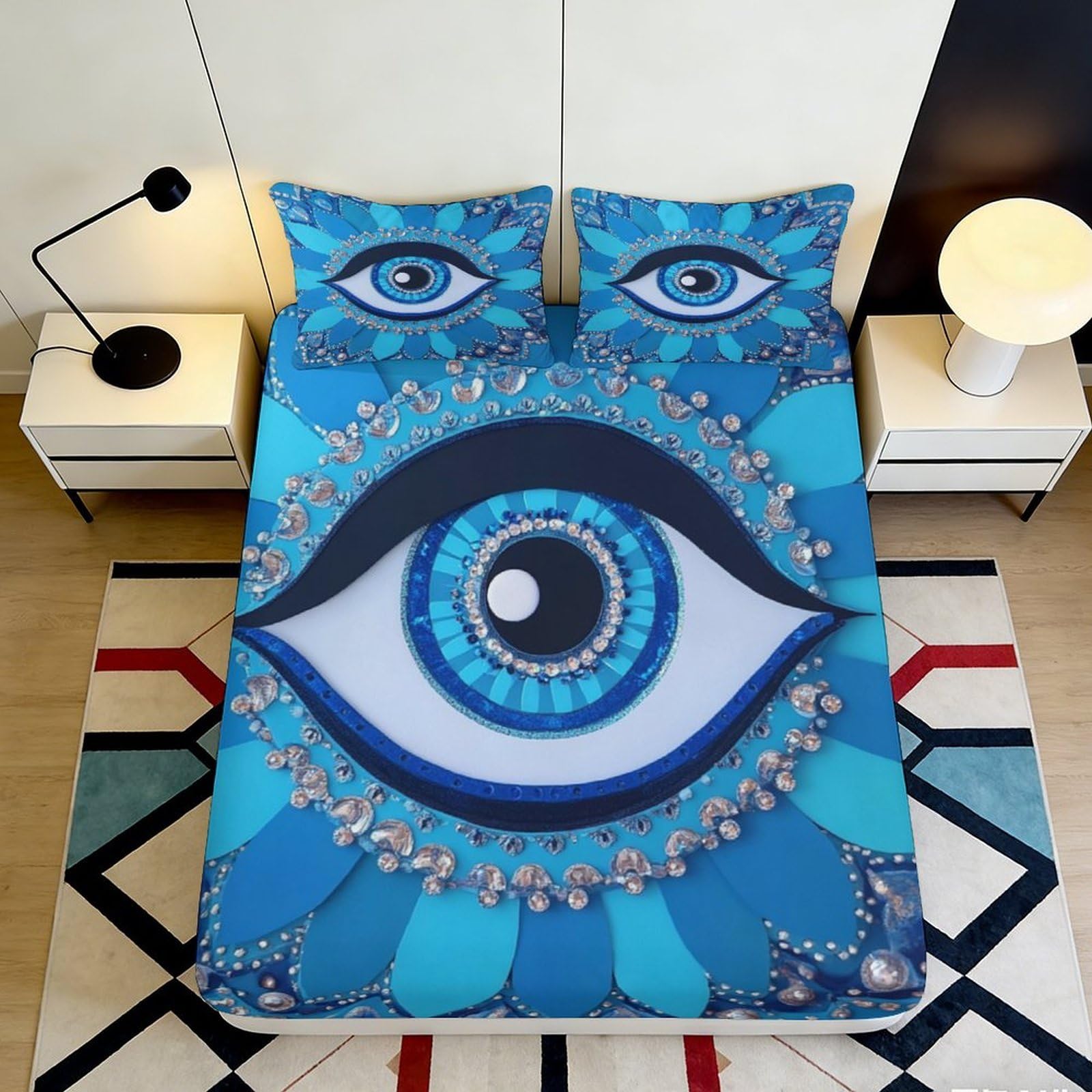 Uxinyoume Style-4 3D Printed Evil Eye Fitted Sheet Microfiber Soft Blue Abstract Eyes Bed Cover For Bedroom Dorm Mattress Protection Decor 90X200x25cm