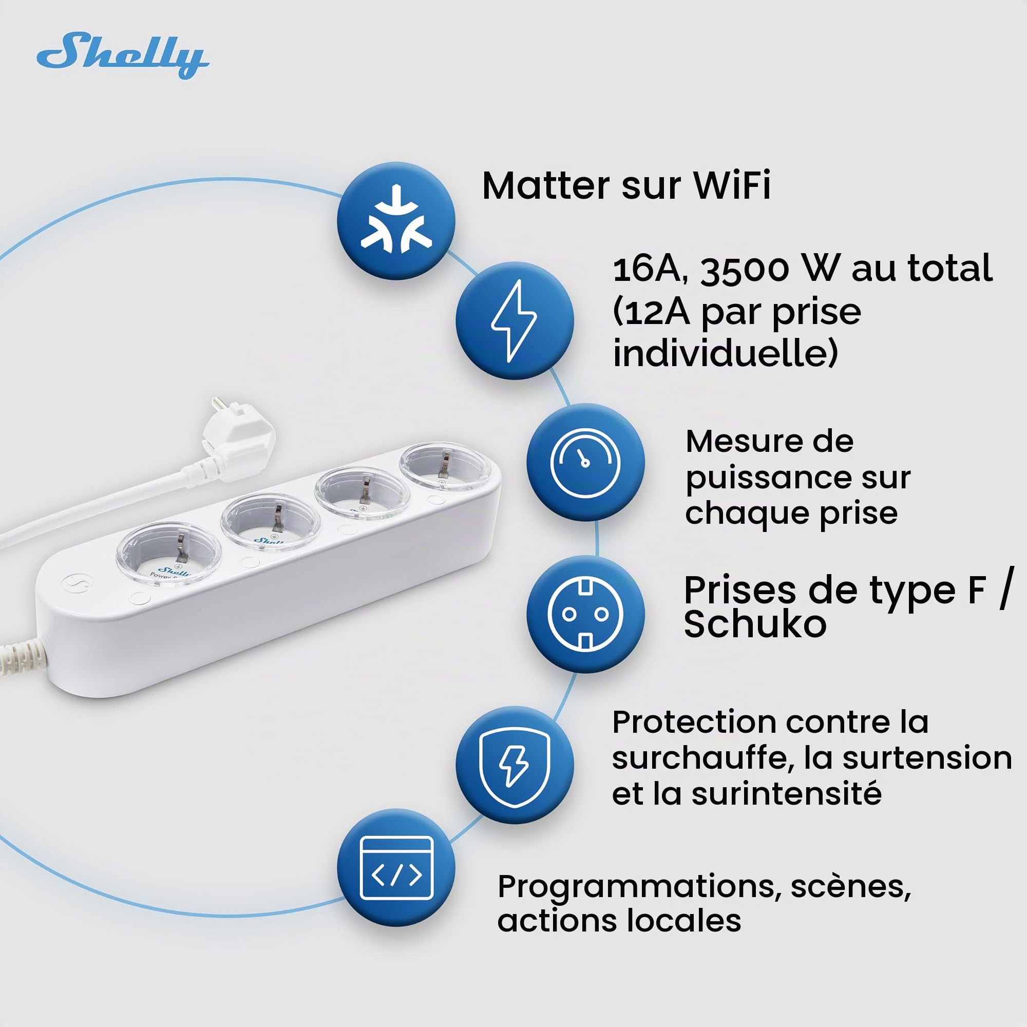 Shelly Power Strip 4 Gen4 Blanc - Multiprise connectée Zigbee et Matter 150 cm, Type F, 4 prises 3680 W, Protection parafoudre et surtension, Commande vocale Apple Homekit, Alexa, Google Home