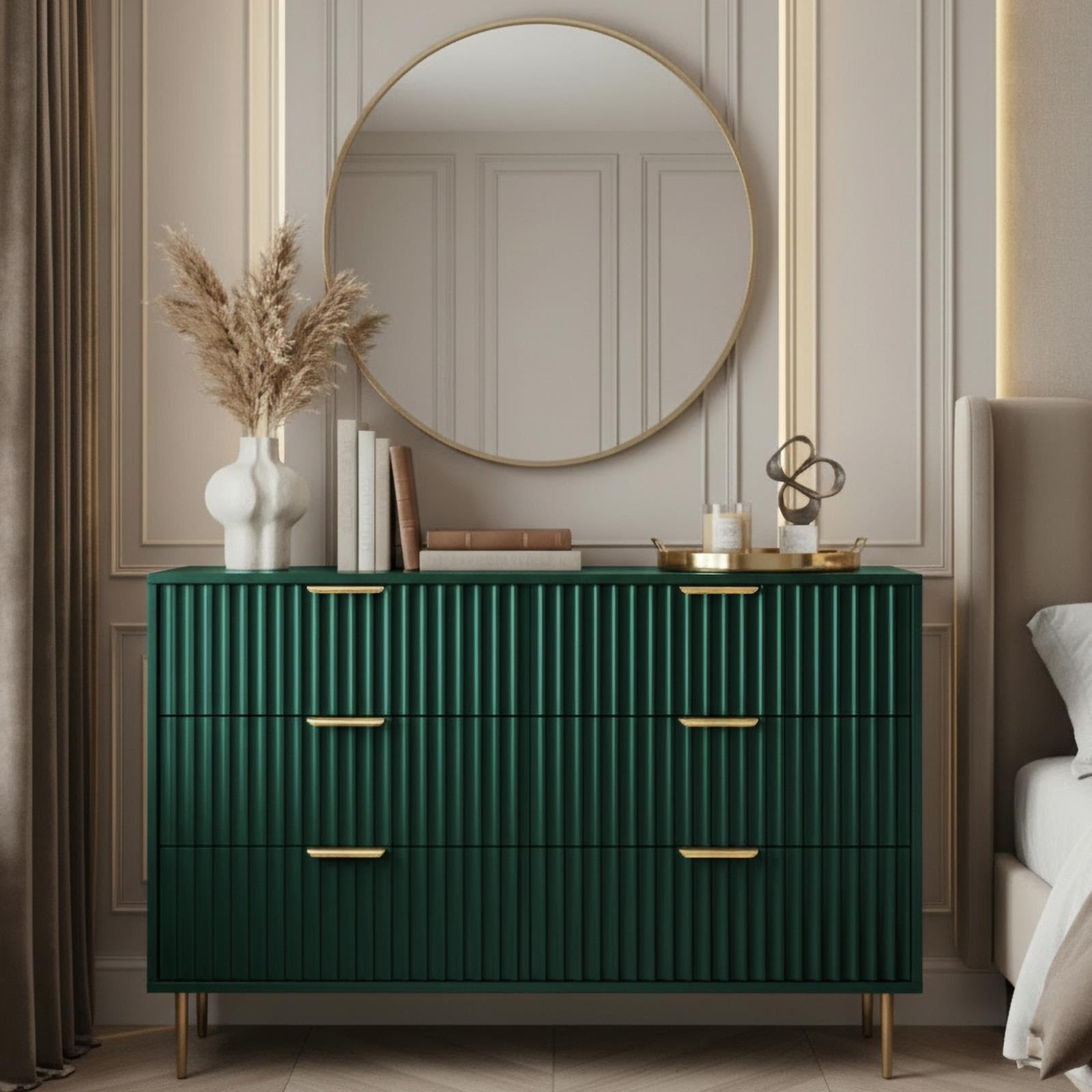 OHS 6 Drawer Chest of Drawers Bedroom Ribbed, Space Saving Storage Wooden Cabinet with Metal Handles Storage Drawers Dresser for Bedroom Living Room Office, Dark Green