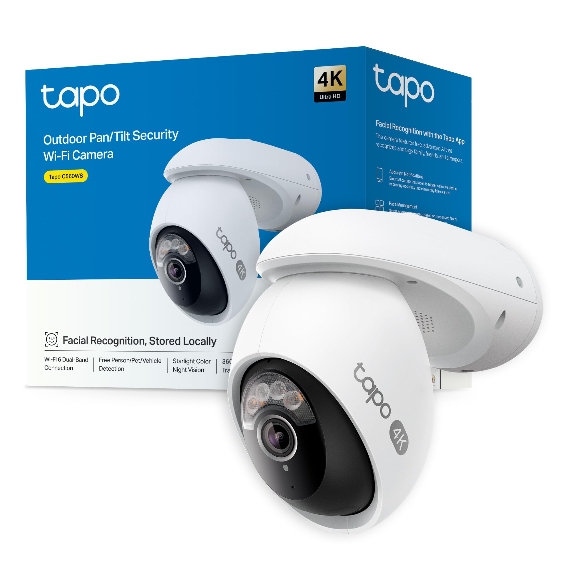 Tapo C560WS, Cámara de Seguridad Exterior Wi‑Fi 6 4K 8 MP, Pan/Tilt 360° AI, Visión Nocturna Color Starlight, Reconocimiento Facial, Zoom Digital 18×, Alarma Luz/Sonido, IP66, Audio Bidireccional Certificado ClimatePartner