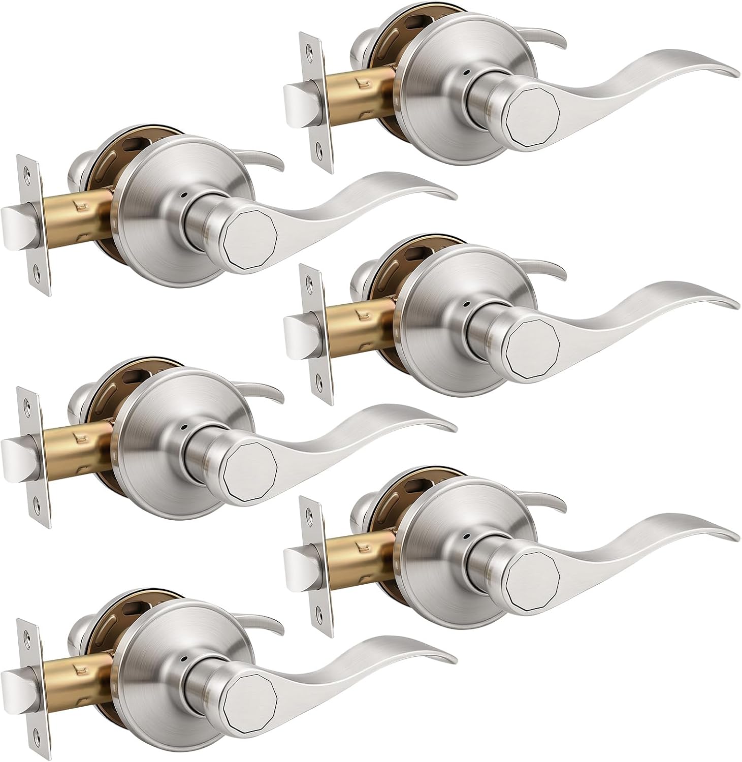 Knobonly 6 Pack Passage Door Handles Interior, Hallway Closet Door Leverset Brushed Satin Nickel Finish Zinc Alloy, Keyless Door Handle Sets