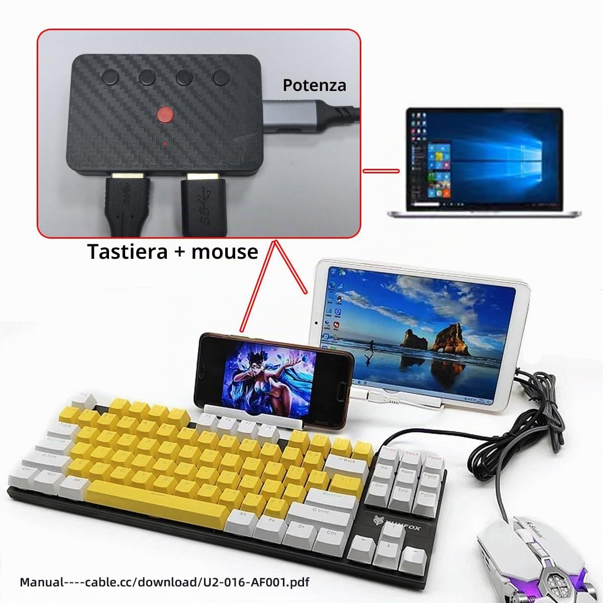 CY Tastiera e mouse cablati USB convertiti in convertitore Bluetooth (BT) wireless 2.4G con ricevitore di tipo C per laptop, tablet, telefono