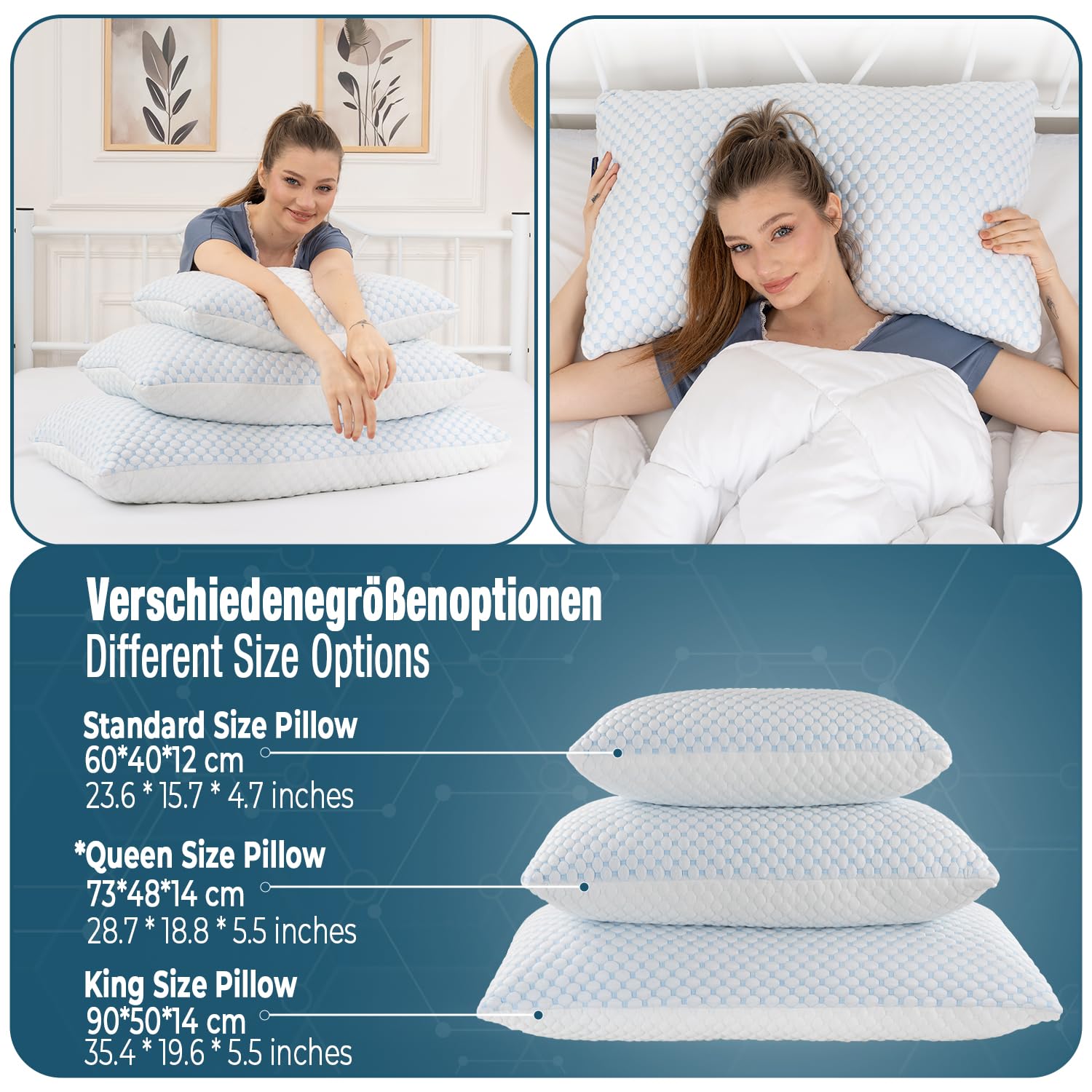 Alkamto Verstellbares Gelkissen – 73x48cm Kühlendes Memory Foam Kopfkissen mit Doppelseitigem Ice Silk & Viskose Bezug – Ideal für Rücken-, Bauch- und Seitenschläfer – Queen Size für erholsamen Schlaf