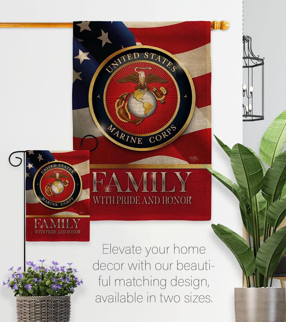 US Marine Family Honor Burlap Garden Flag - Set Wall Hanger Armed Forces Corps USMC Semper Fi United State American Military Veteran Retire Official - House Yard Gift Double-Sided 13 X 18.5