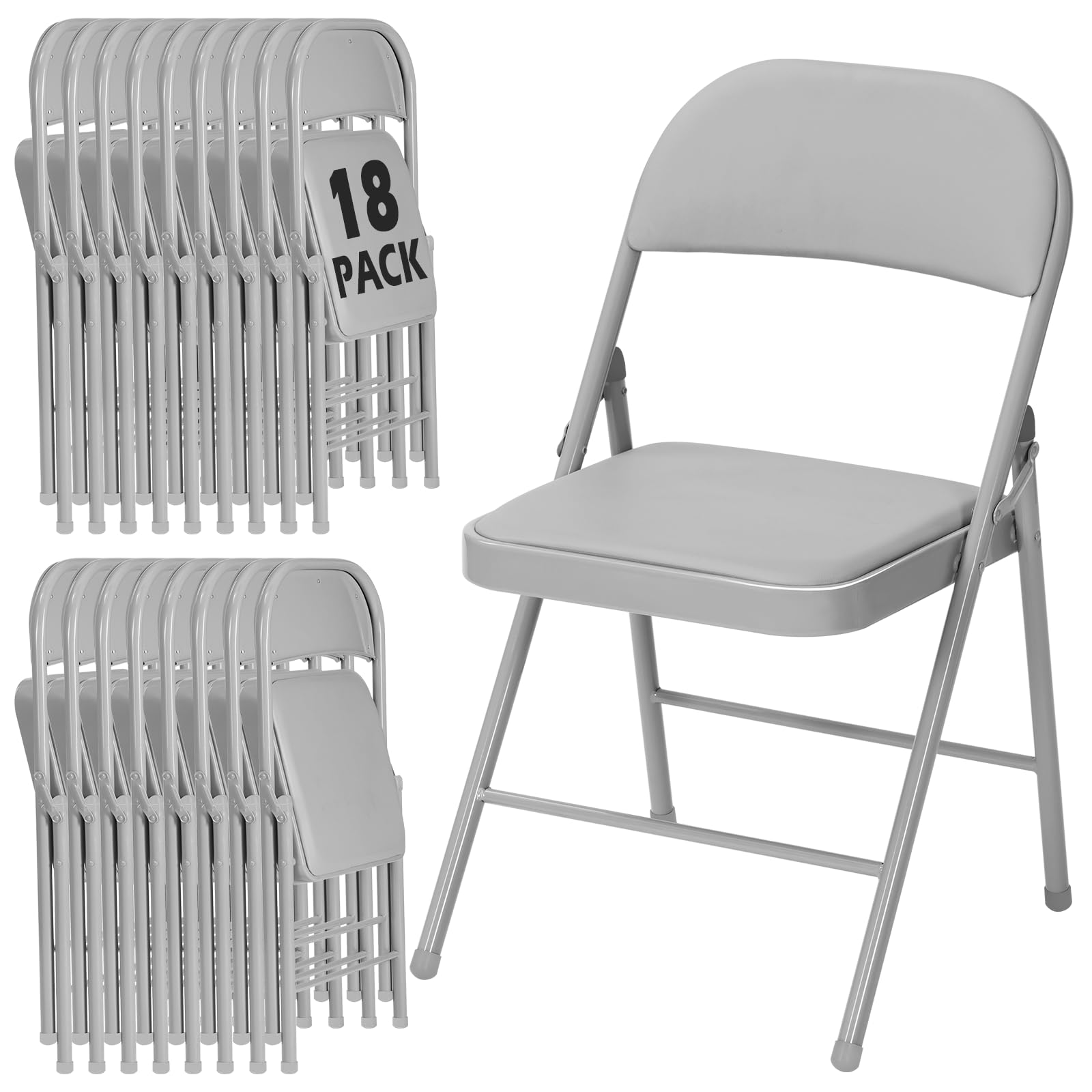 18 Pack Gray Padded Folding Chairs with Metal Frame