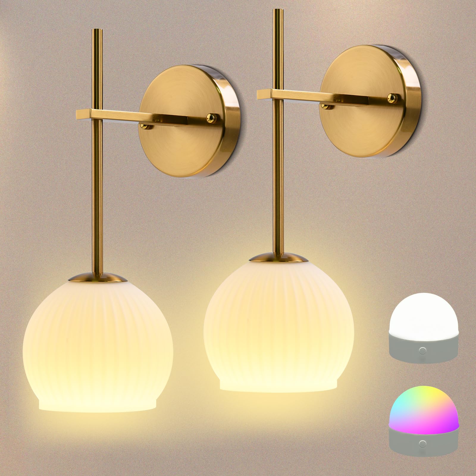 2 sztuki akumulatorowych lamp ściennych do wnętrz, 3200 mAh, szklana lampa ścienna bez przyłącza do prądu, złota, bezprzewodowa lampa ścienna z pilotem zdalnego sterowania, RGB i 3 CCT