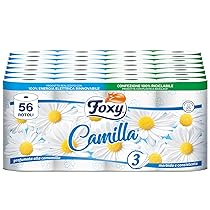 Foxy Camilla | Carta igienica 3 veli profumata alla camomilla | 56 rotoli | 160 strappi per rotolo | Carta 100% certificata PEFC | Confezione 100% riciclabile