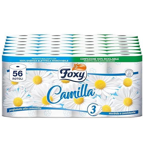 Immagine del prodotto Foxy Camilla | Carta igienica 3 veli profumata alla camomilla | 56 rotoli | 160 strappi per rotolo | Carta 100% certificata PEFC | Confezione 100% riciclabile