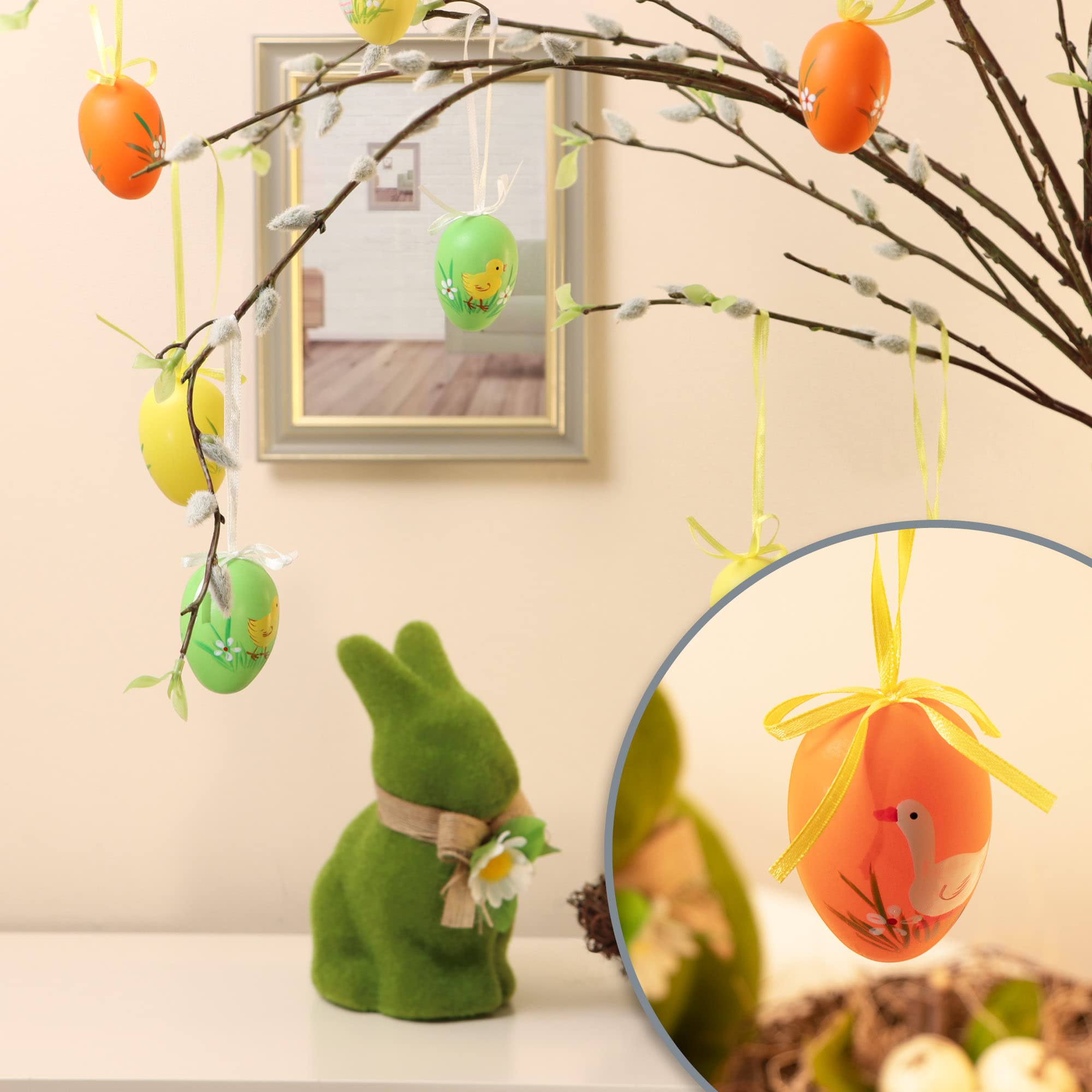 com-four® 18x Uova di Pasqua Decorative da Appendere - Decorazione Pasquale con Fantastici Motivi - Uova di Pasqua Colorate con Fiori e Animali (Pulcino/Coniglio - 01
