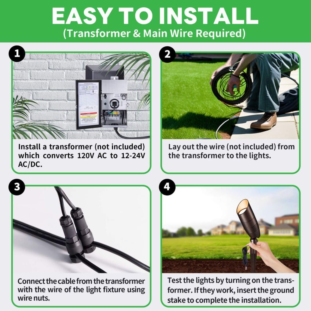 LED Spotlight, 3000K/4000K/5000K Adjustable Color Temperature Waterproof Outdoor Landscape Uplight, 12V AC/DC Wired Durable Aluminum ORB for Tree Garden Wall 4 Pack - Image 6