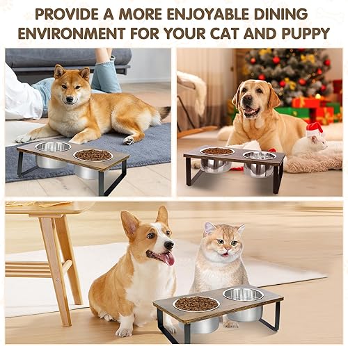 Miniatura 5 de Cuencos elevados para perros pequeños y medianos de madera con 2 cuencos profundos de acero inoxidable para alimentos y agua, antivómitos, platos de