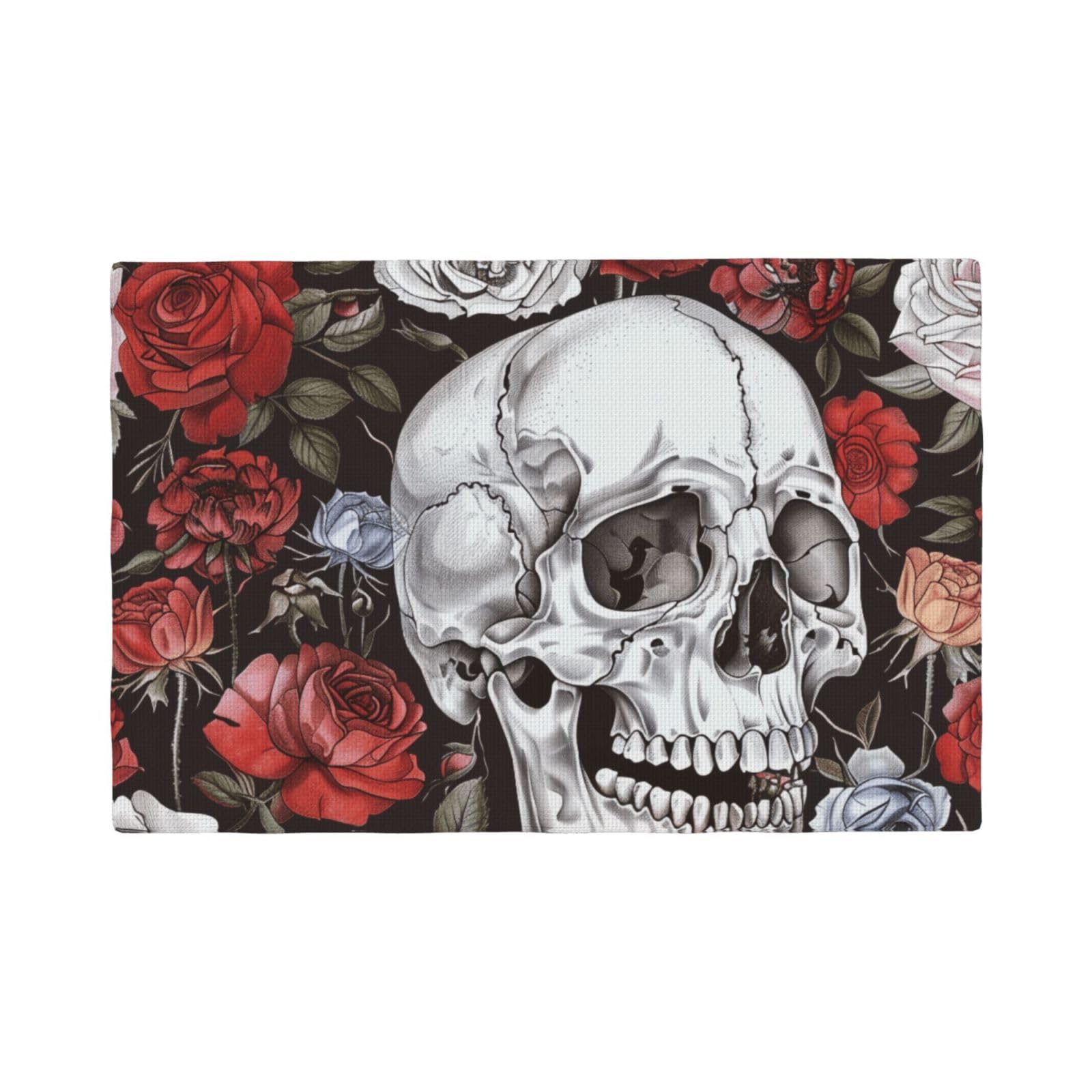 Floral Skull Print Placemats Set, Heat Resistant Washable Placemat 12x18in Table Mats for Party Kitchen Dining Table Decoration Indoor Outdoor, Six Piece