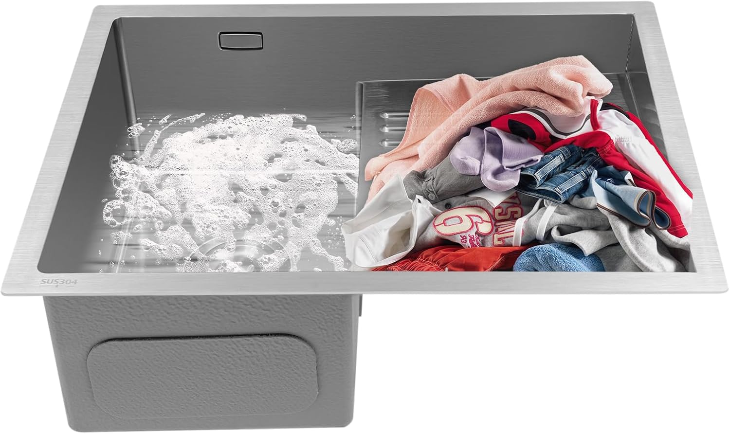 Modern Rectangular Stainless Steel Utility Laundry Sink, Double Basin with Washboard, 29x39 cm (11.42x15.35 in), 26x44 (10.24x17.32 in), Undermount Installation