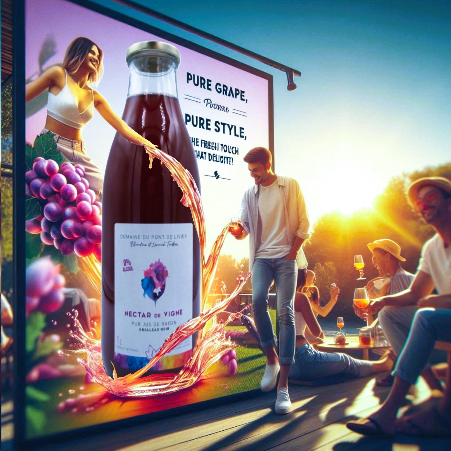 Puro Jugo de Uva Grolleau Negro, Sin Alcohol, 1L, juego de 6 botellas, campo del puente de Livier, néctar de Vida, zumo de uva artesanal.