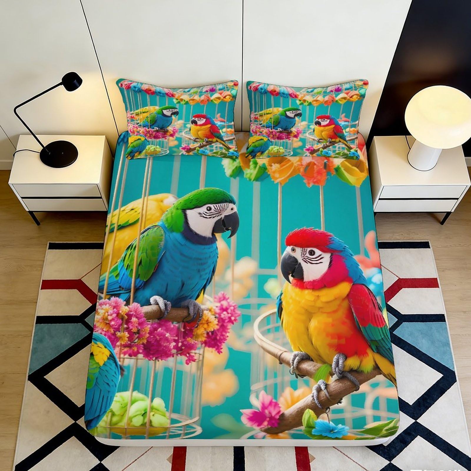 3D Printed Tropical Parrot Fitted Sheet Microfiber Deep Pocket Non-Slip Bedroom Bedding Parrot Mattress Fitted Cover Washable 160x200x25cm