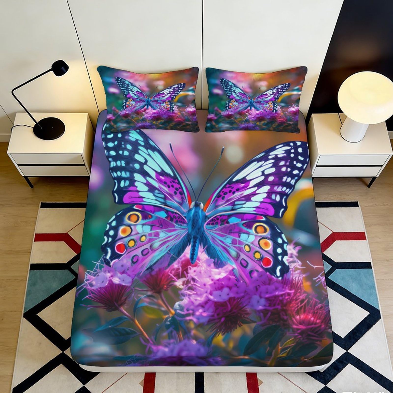 3D Printed Butterfly Fitted Sheet Microfiber Vibrant Floral Bed Cover for Bedroom Dorm Mattress Protection Decor 90x200x25cm