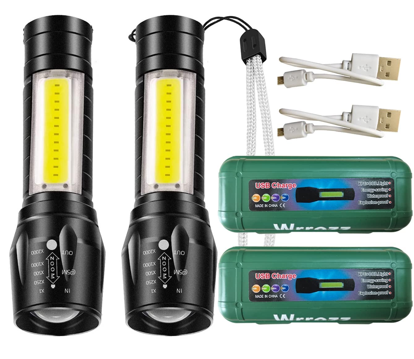Led Flashlight Rechargeable USB Torch Mini Small Light Super Bright Handheld Tiny Portable Pocket Flash Light with COB Side Searchlight High Lumens Zoomable Emergency Camping 2 Pack