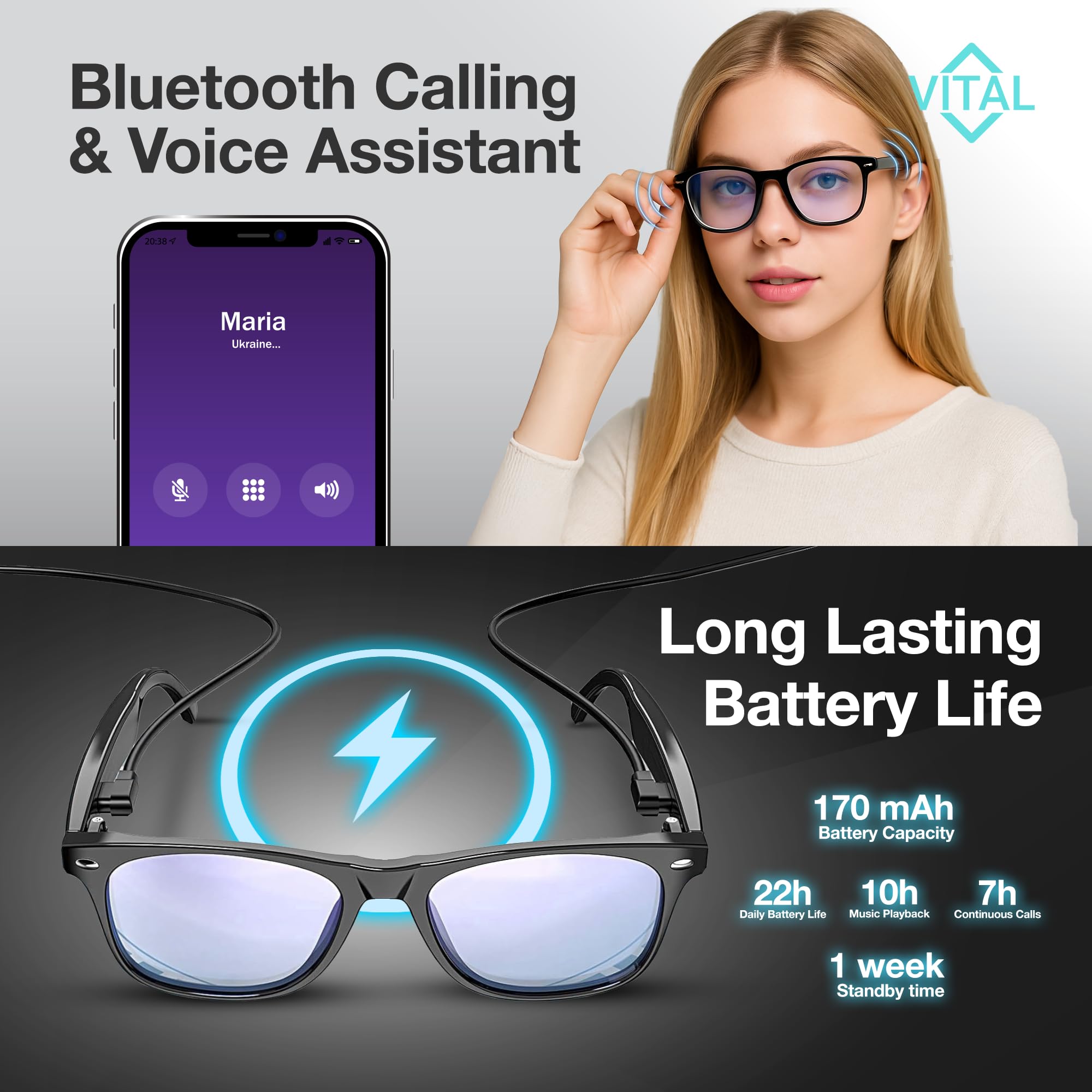 Vital - Gafas inteligentes para hombre, traducción de IA, audio Bluetooth 5.3 de oído abierto, traductor de 130 idiomas, gafas inteligentes vitales para mujeres, UV400, bloqueador de luz azul, gafas