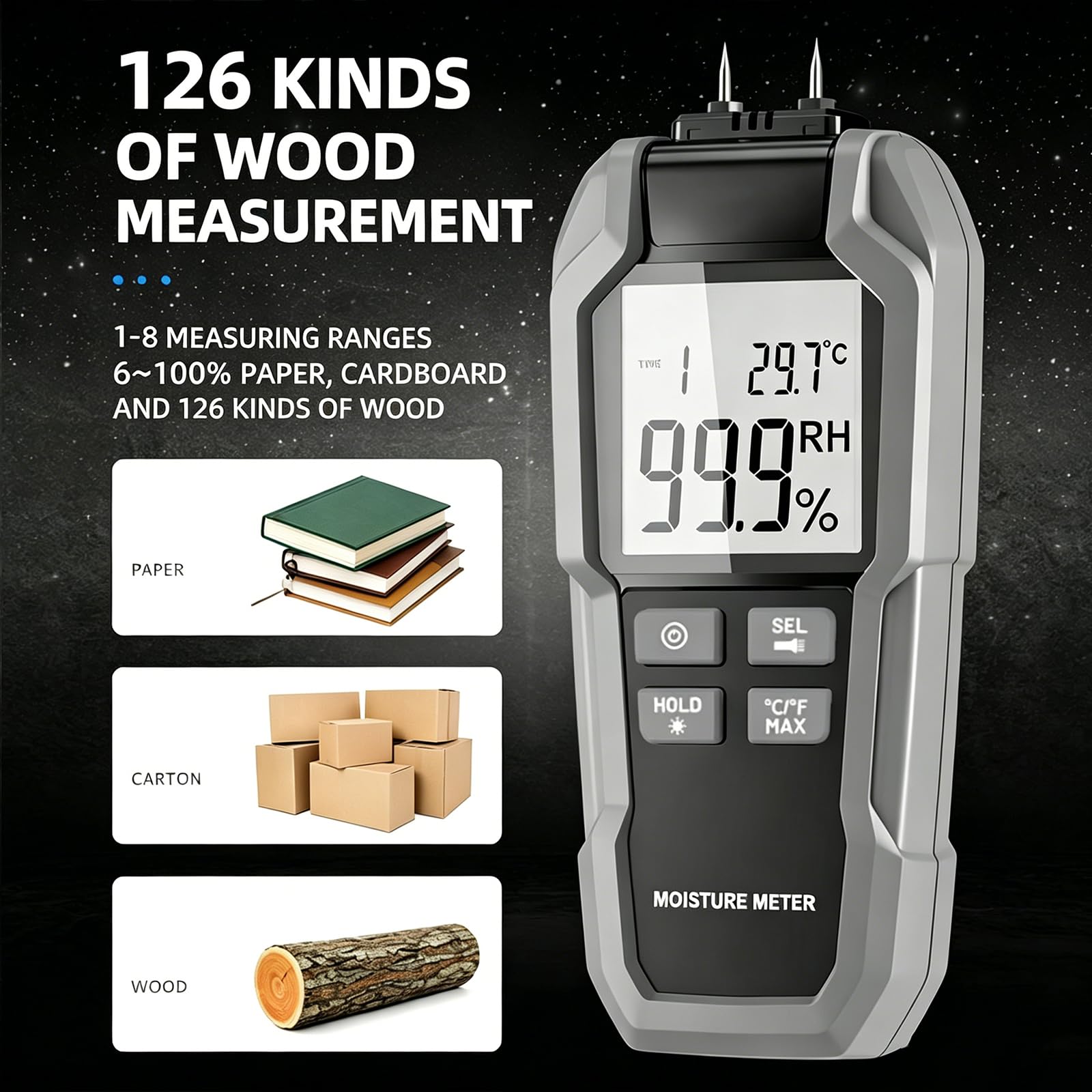 Medidor Digital De Humedad para Madera Tipo Pin 0,7%~100%, Detector De Humedad para Cemento, Calibración Automática, con ATC, Sonda De Repuesto, 9 Niveles De Intensidad, para Papel