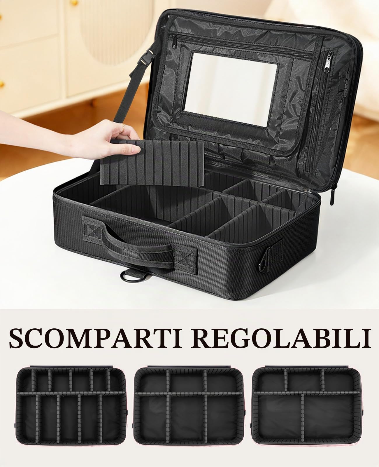 Luxspire Borsa Cosmetica con Specchio, Borsetto Cosmetico Portatile Professionale con Tracolla per Viaggio, Artisti Bagaglio Spazzole Borsa Bagaglio Organizer Tool con Divisor Regolabili - Nero