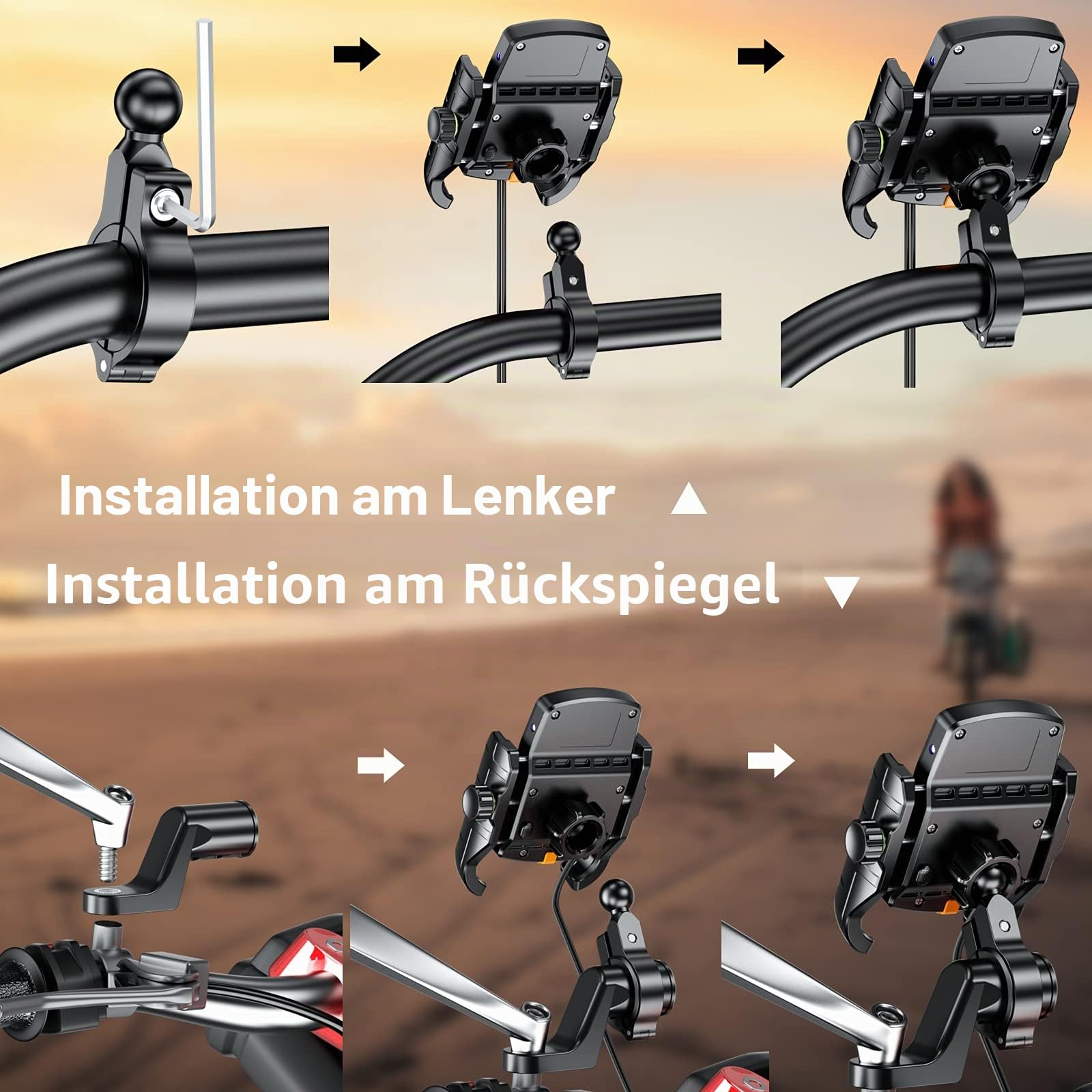 BRCOVAN Motorrad Handyhalterung mit Qi 15W kabellosem Ladegerät und USB-C 20W Ladeanschluss, 360 Drehung Outdoor Lenker Handy Halterung für 4-8 Zoll Smartphones