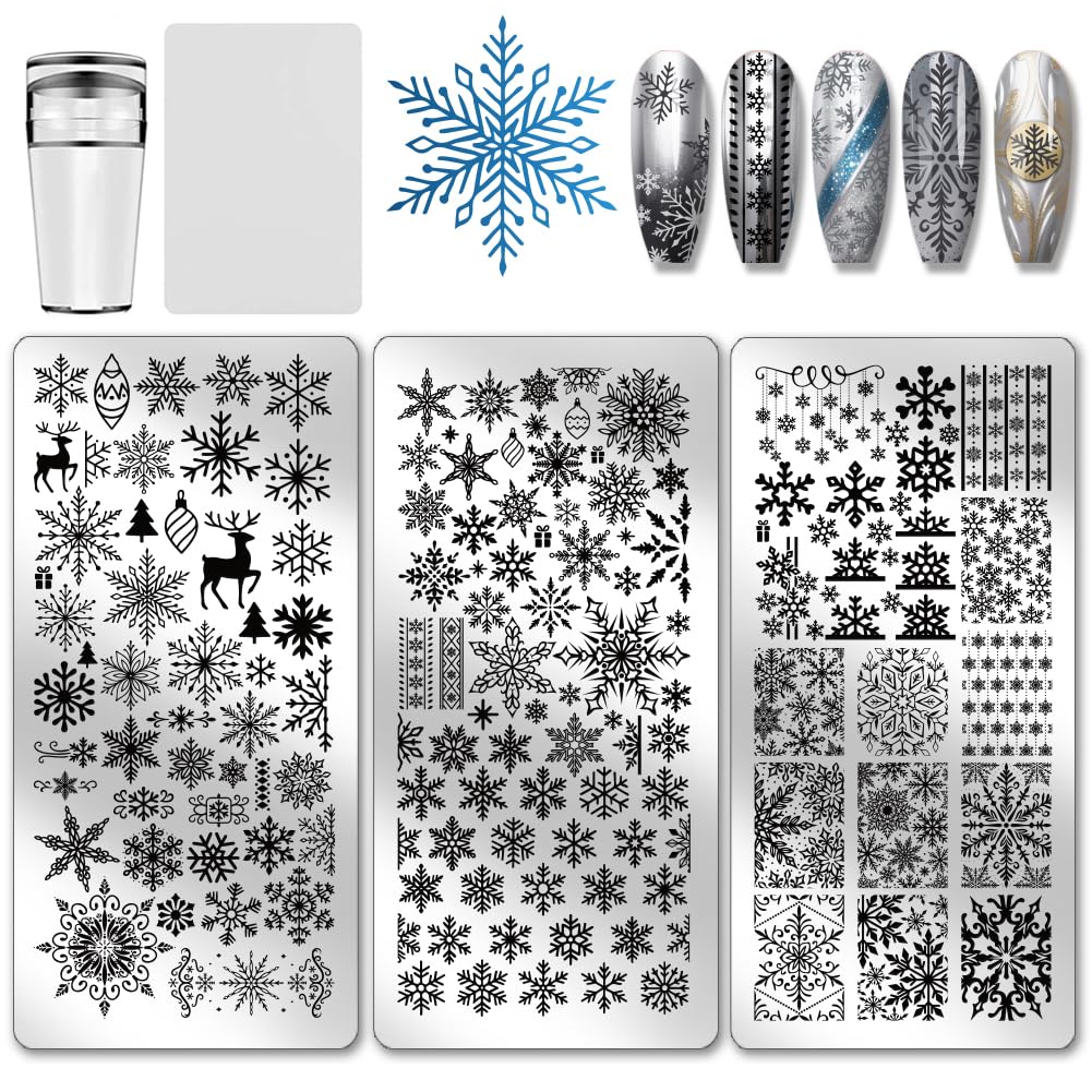 PH PandaHall 3pcs Snowflakes Nail Stamp Plate Christmas Nails Art Template Winter Snowflake Nail Image Plate Nail Art Stencils for Xmas Women Manicure Salon Decoration 12x6cm