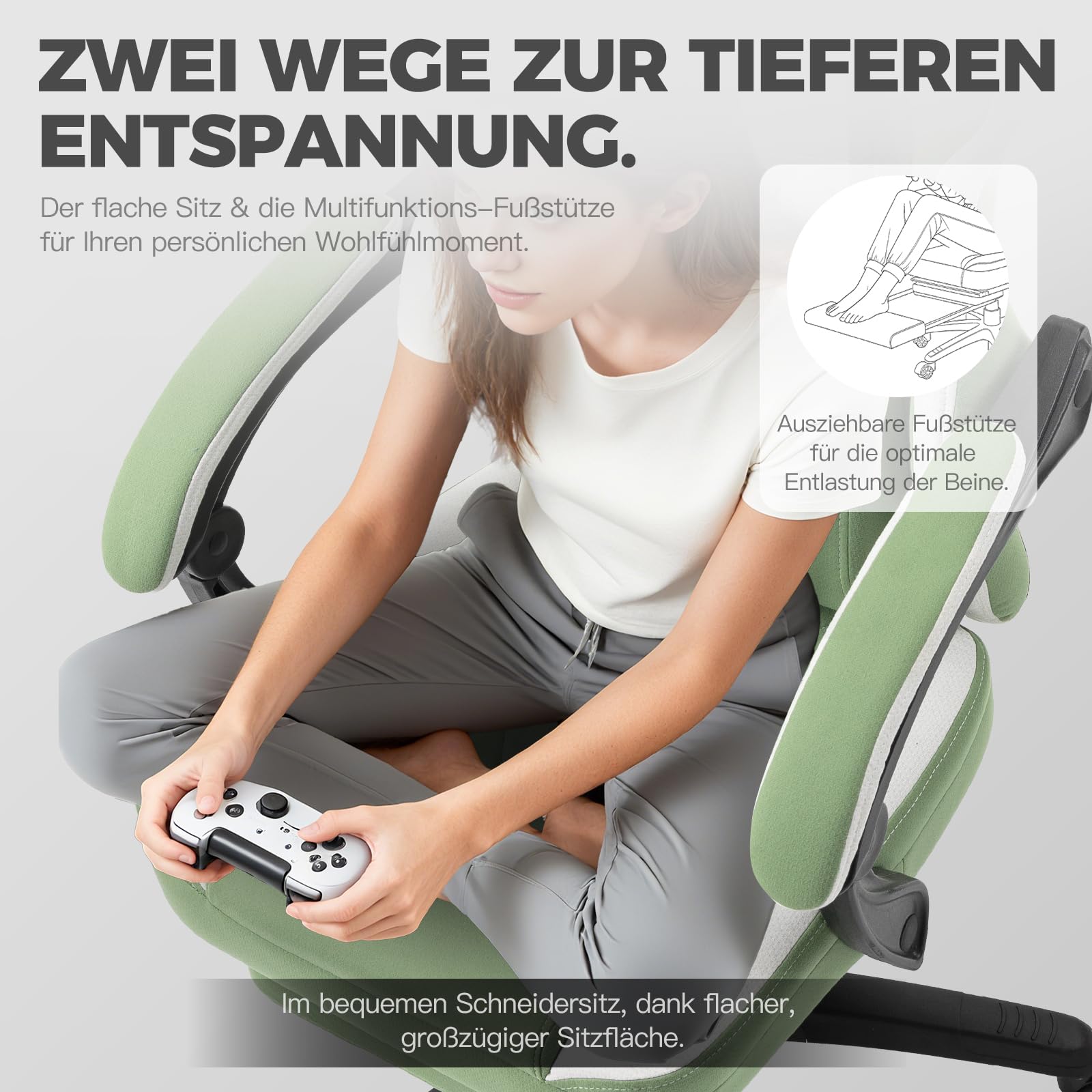 Dowinx Gaming Stuhl Stoff mit Taschenfederkissen, Höhenverstellbare Kopfstütze, Gaming Sessel mit Fußstütze, Ergonomischer PC Stuhl Gamer Stuhl Bürostuhl 150 kg, Grün