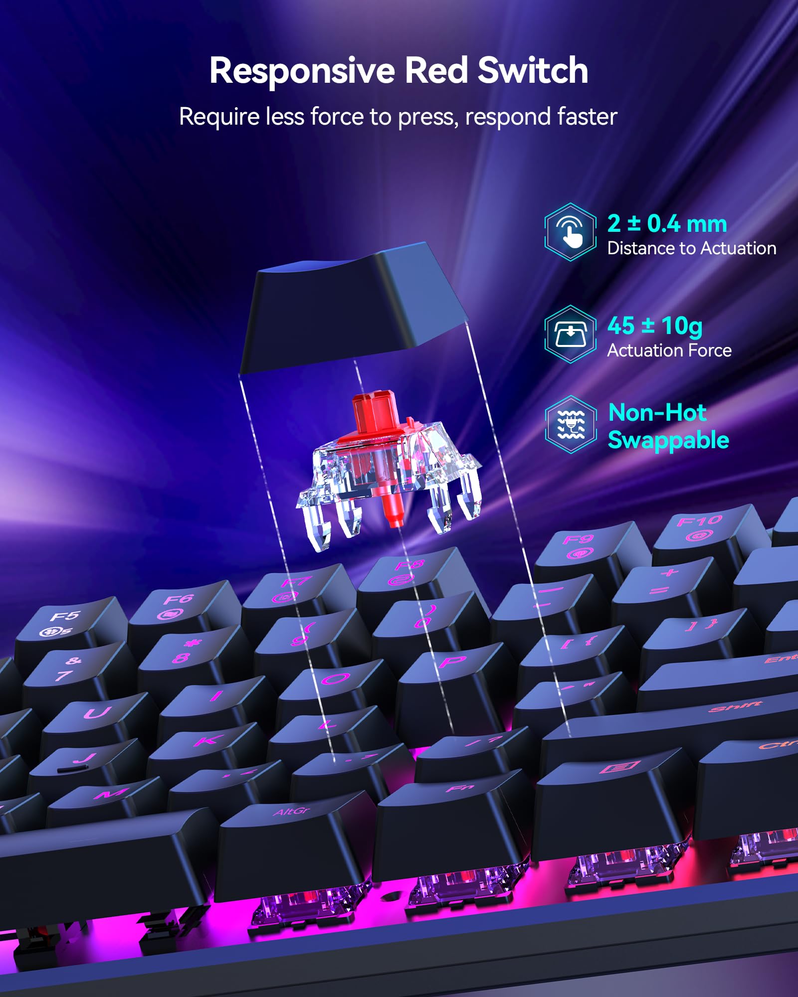 TECKNET Mechanical Gaming Keyboard - Red Switches Mechanical Keyboard with 109 Keys, 24 LED Lighting Modes, Fully Programmable Keys & Anti-Ghosting for Gaming, PC, Windows, Gamer, Office, UK Layout — view 3
