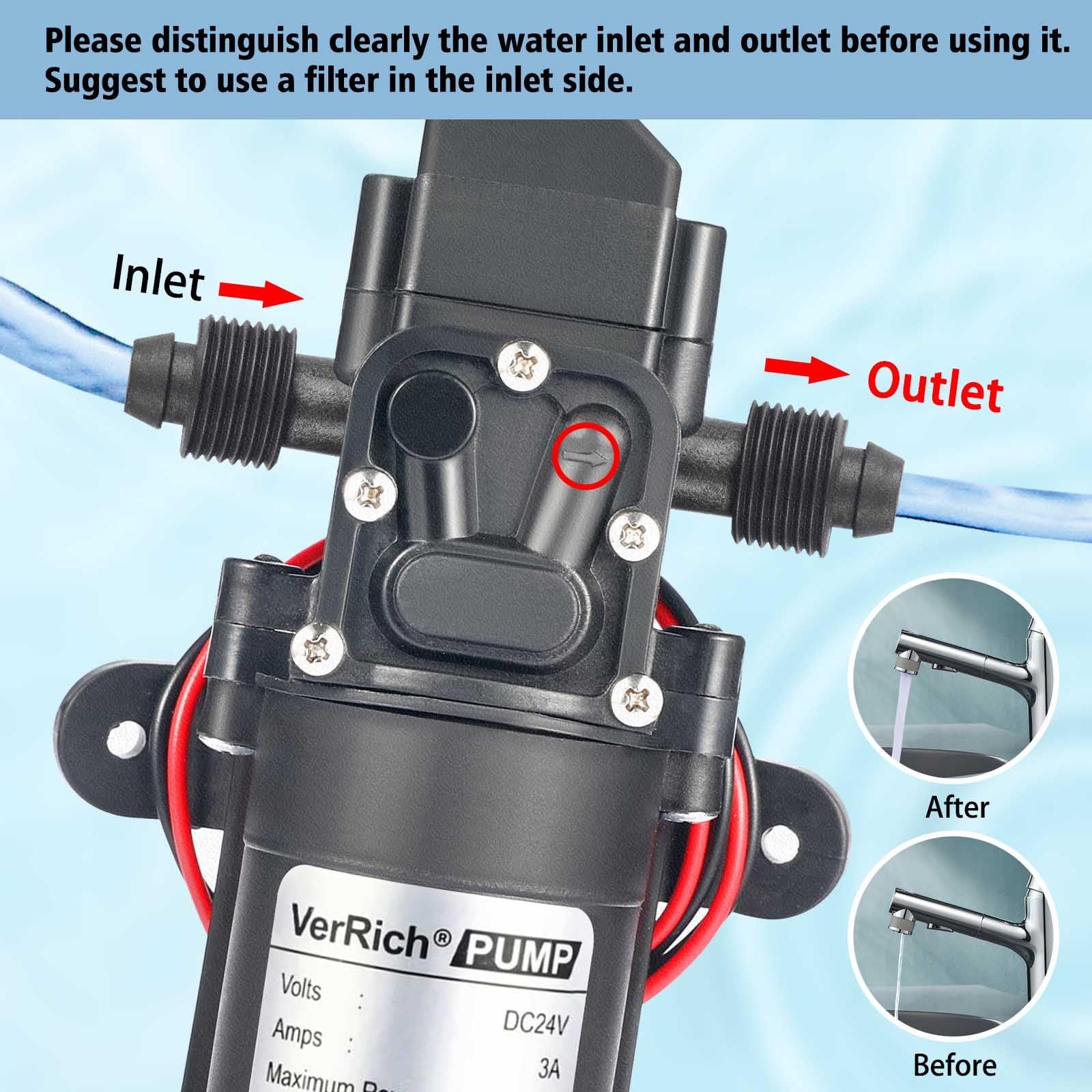 VerRich Pompa a diaframma per acqua 24V con adattatore di alimentazione per rubinetto, camper, roulotte con connettori M18*1,5mm