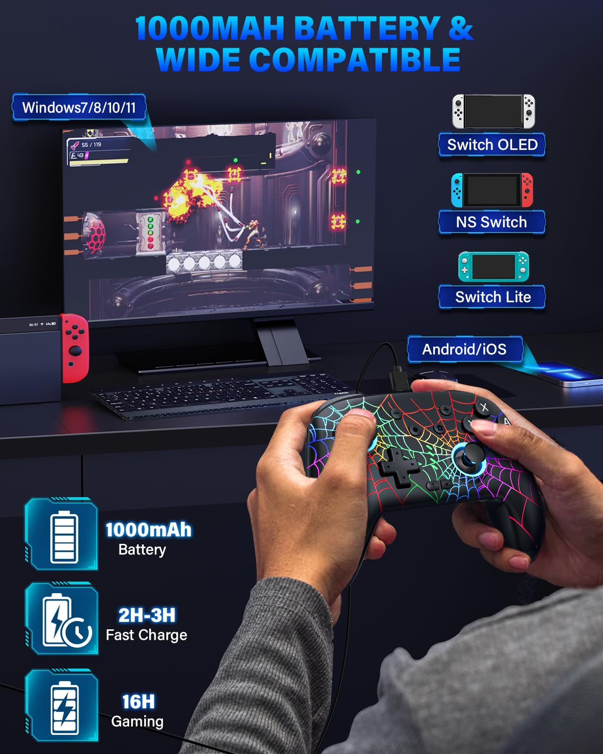 Switch Controller, Wireless Pro Controller Compatible with Nitendo Switch/Switch 2/Switch Lite/Switch OLED, Switch Controller Pro, Rechargeable Switch Remote Gamepad with 6-Axis Gyro,10 LED Light - Nintendo Switch 2 - Very Good - Used Controller - Image 5