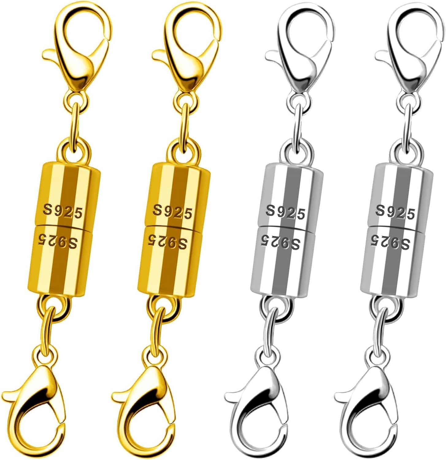 925 Sterling Silver Magnetic Clasp, Strong Jewelry Connector for Necklaces and Bracelets, Double Hook Design (4pcs Golden Silvery)