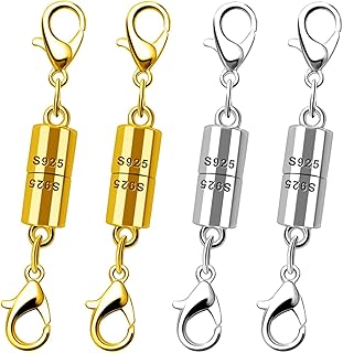 925 Sterling Silver Magnetic Clasp, Strong Jewelry Connector for Necklaces and Bracelets, Double Hook Design (4pcs Golden Silvery)