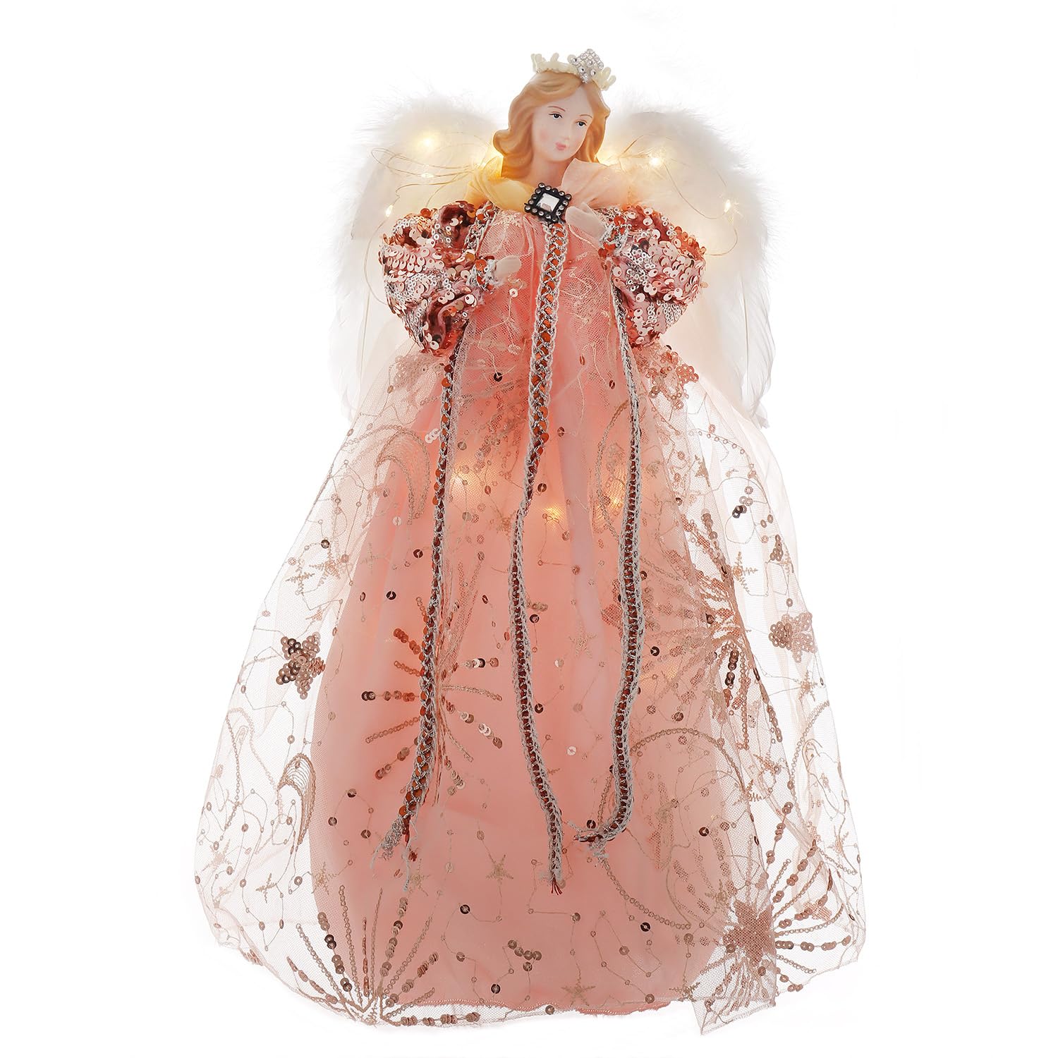 Angels Christmas Tree Decorations,16-Inch Angel Christmas Tree Topper Lighted LED Lights for Holiday or Home Decor, Cameo Brown/Gold