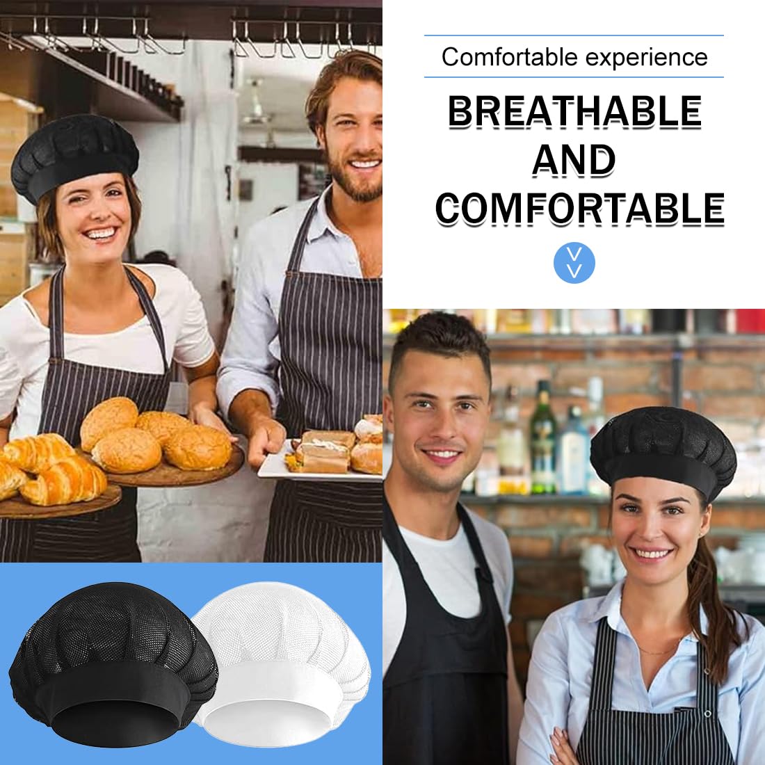 Cappello da Cuoco 4 PCS Cuffia Cucina Regolabile Retina per Capelli Riutilizzabile Berretto Ristorante Bianco e Nero