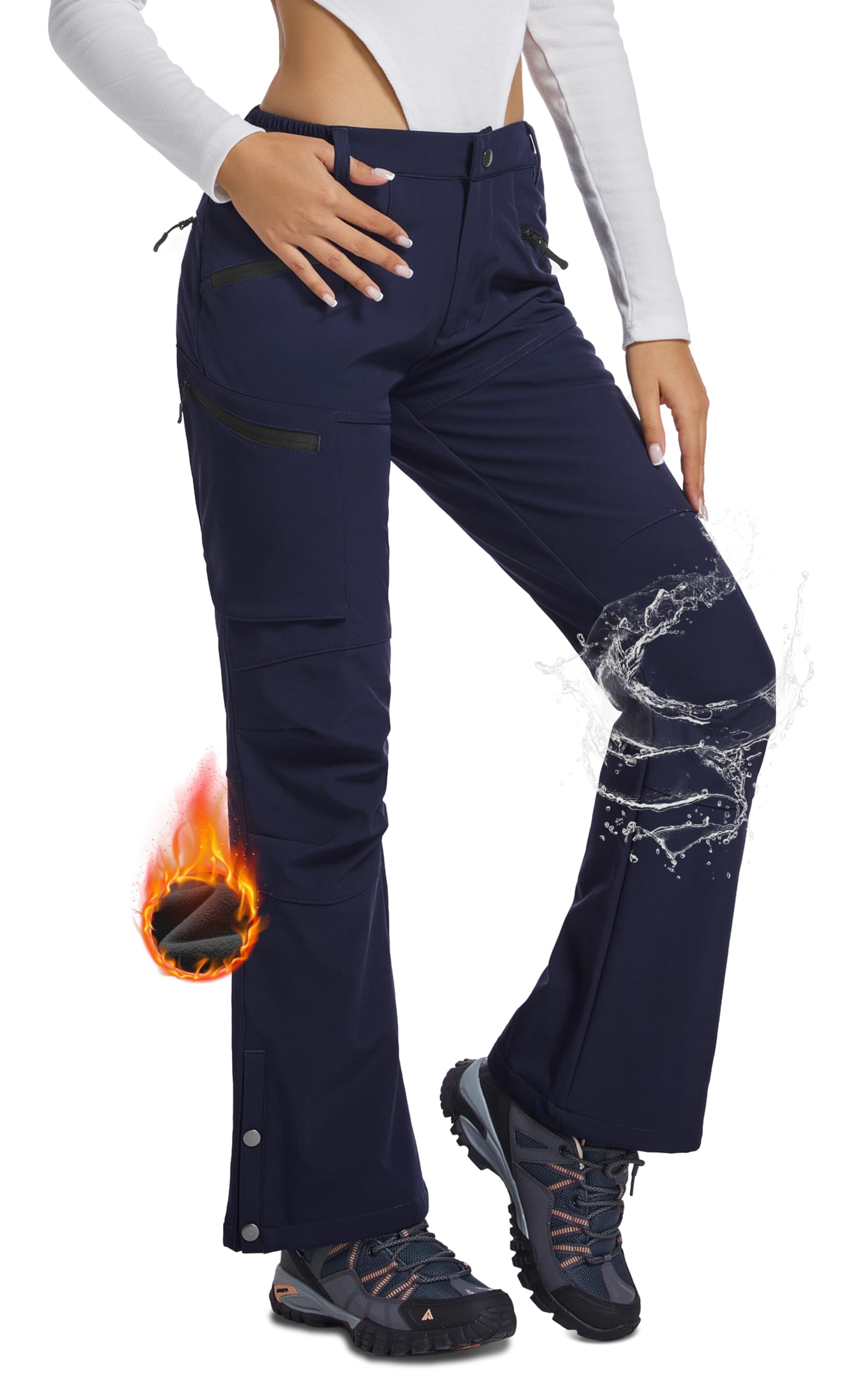 Photo 1 of BALWUKO Women's Snow Ski Hiking Pants Waterproof Fleece Lined Softshell Insulated Winter Snowboarding Outdoor Flare Pants Navy S