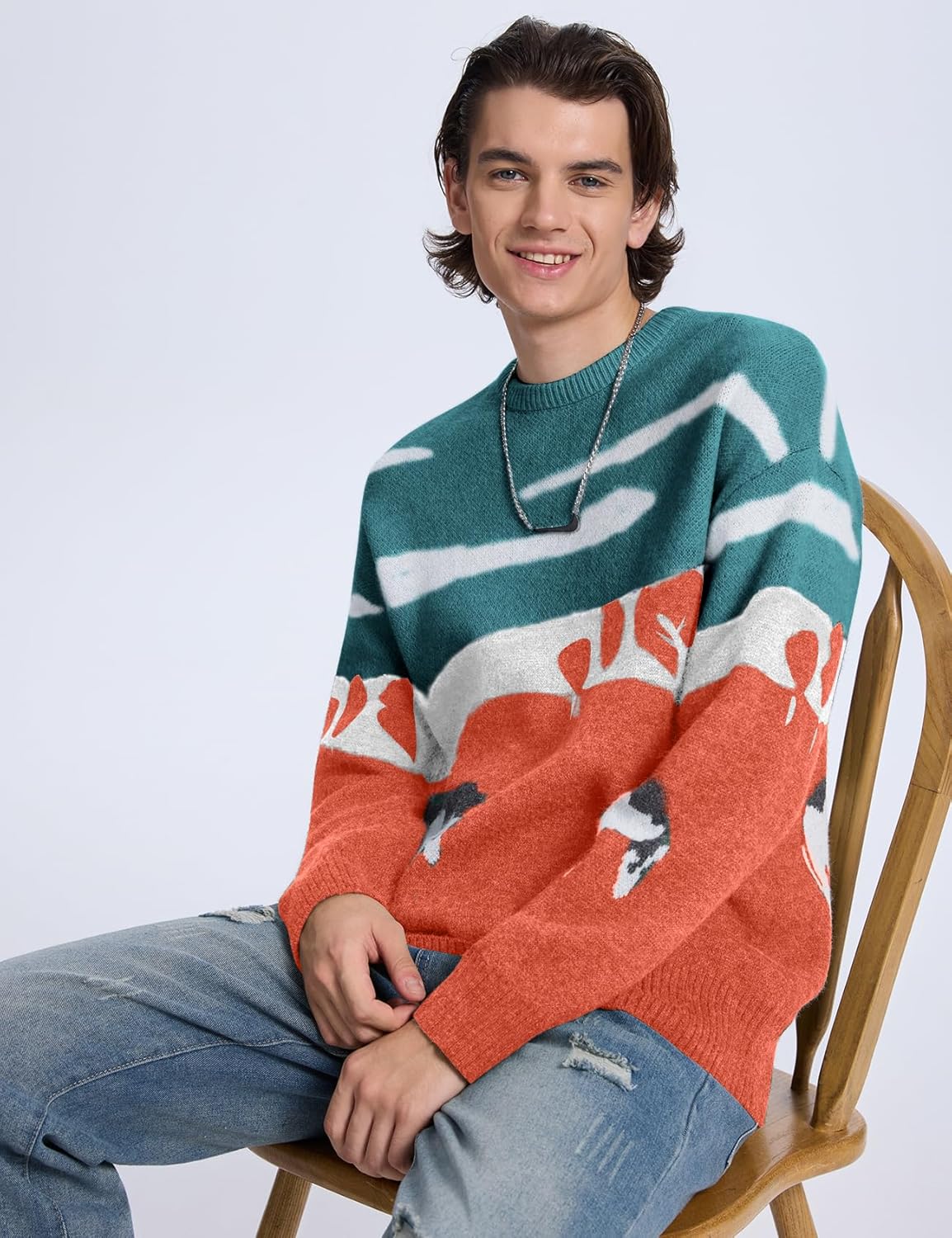 Kissonic Mens Vintage Oversized Sweater Cow Long Sleeve Crew Neck Knitted Grassland Pullover Jumper Unisex Tops - Image 6