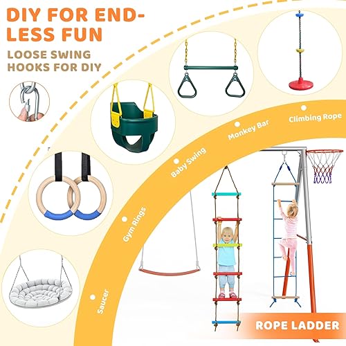 Miniatura 7 de JOYMOR Juegos de columpios de metal para patio trasero con aro de baloncesto, diseño creativo de bricolaje para diversión familiar, juego de