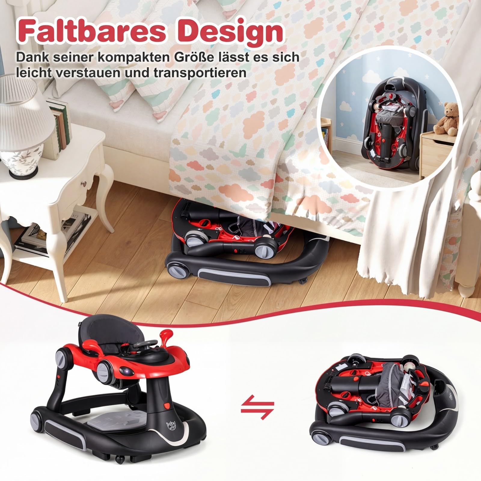 GIANTEX 7 en 1 Trotteur Bébé, Trotteur Marche Bebe Évolutif Pliable, 3 Hauteur Réglable, Capote&Tapis de Saut Amovibles, Roues Contrôle Vitesse et Sonores&Lumière, 7-18 Mois, Charge 12KG (Noir+Rouge)