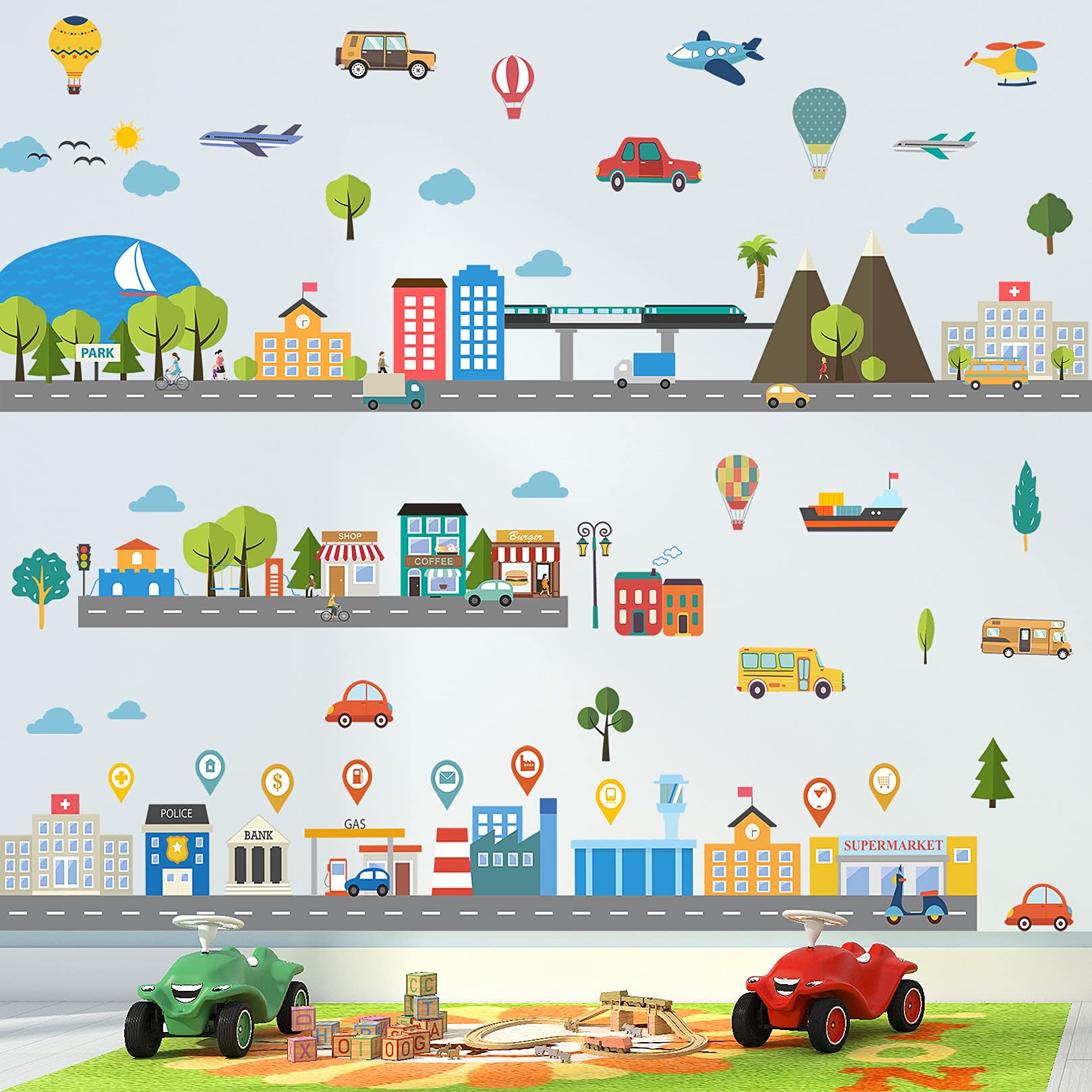 RAINBOW WSK Car Road Wall Decal for Kids Truck Tractor Transportation Wall Stickers Racing Car Vehicles Roads Wall Decor City Building Peel and Stick