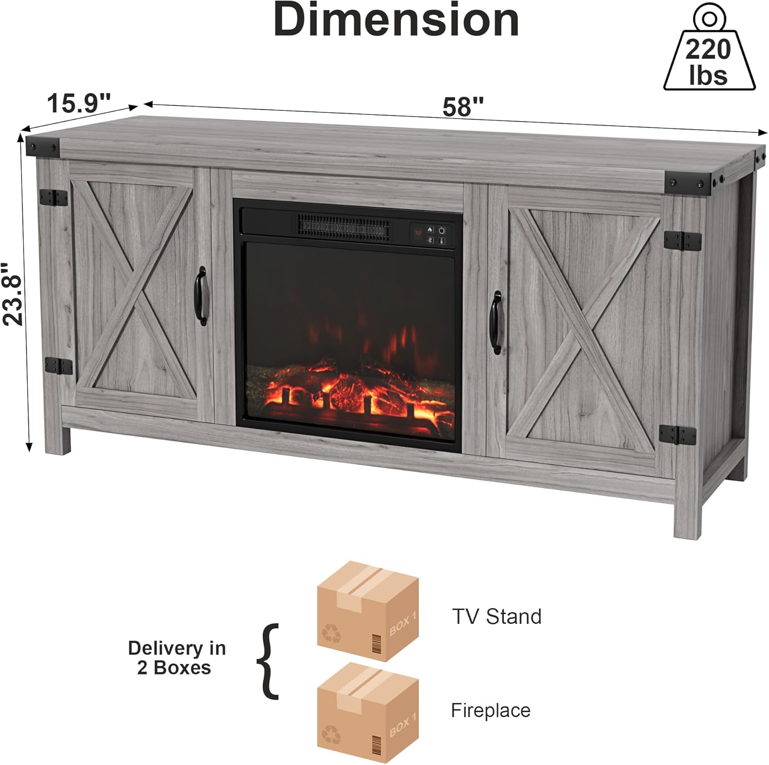 Furmax Fireplace TV Stand for Up to 65 Inches TVs, Farmhouse Entertainment Center with Grooved Barn Doors, Rustic Media Console Table with Storage Cabinets for Living Room (Grey Wash)