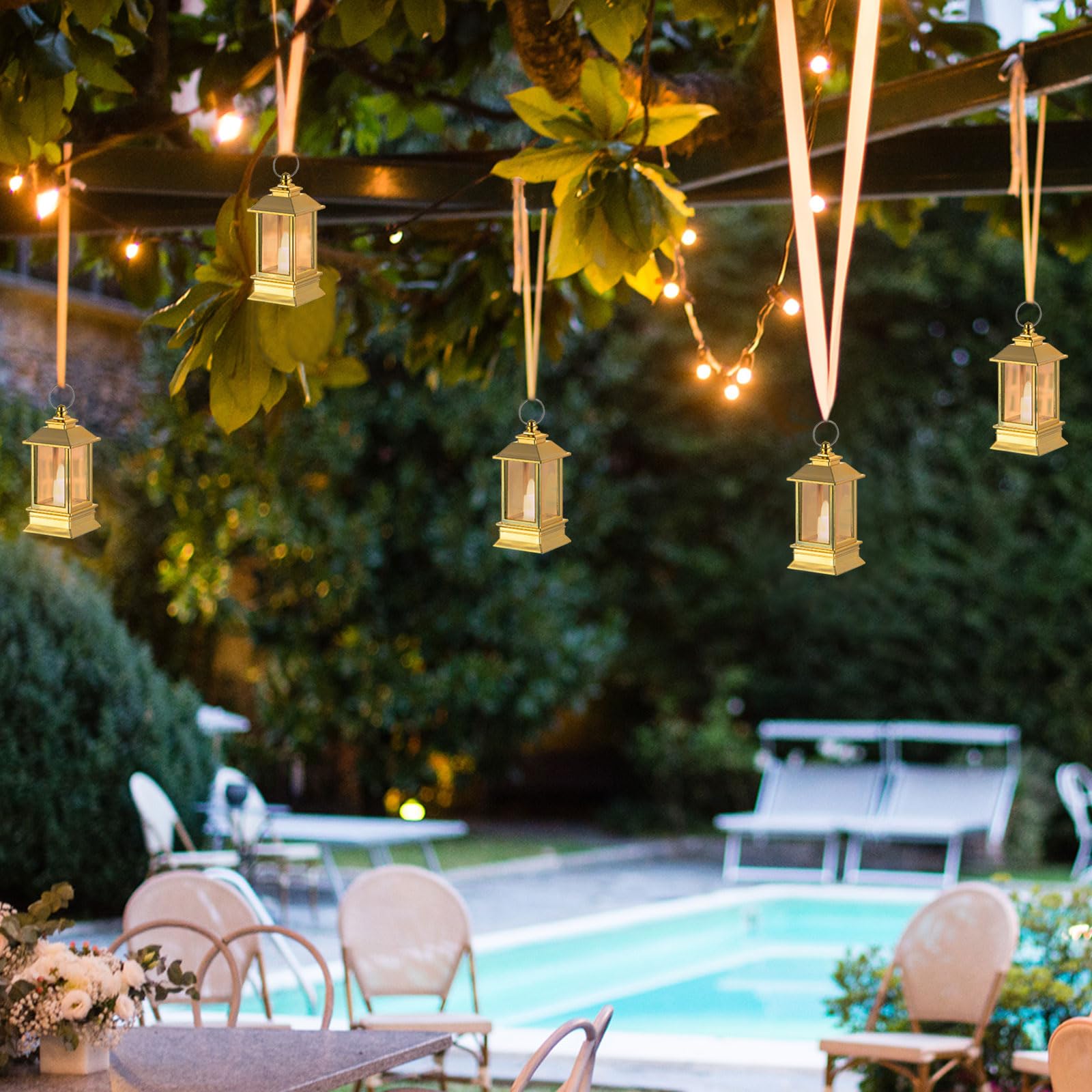 Linternas doradas decorativas para interiores: 24 piezas mini linternas para centros de mesa de boda, pequeñas luces LED alimentadas por batería a granel para decoración de fiesta de 6