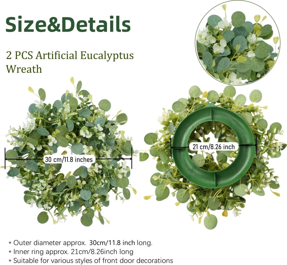 2Pcs Eucalyptus Green Wreath for Front Door, 11.8” Artificial Eucalyptus Leaves with White Flower Spring Summer Wreath for Wedding Wall Window Festival Farmhouse Garden Home Decor