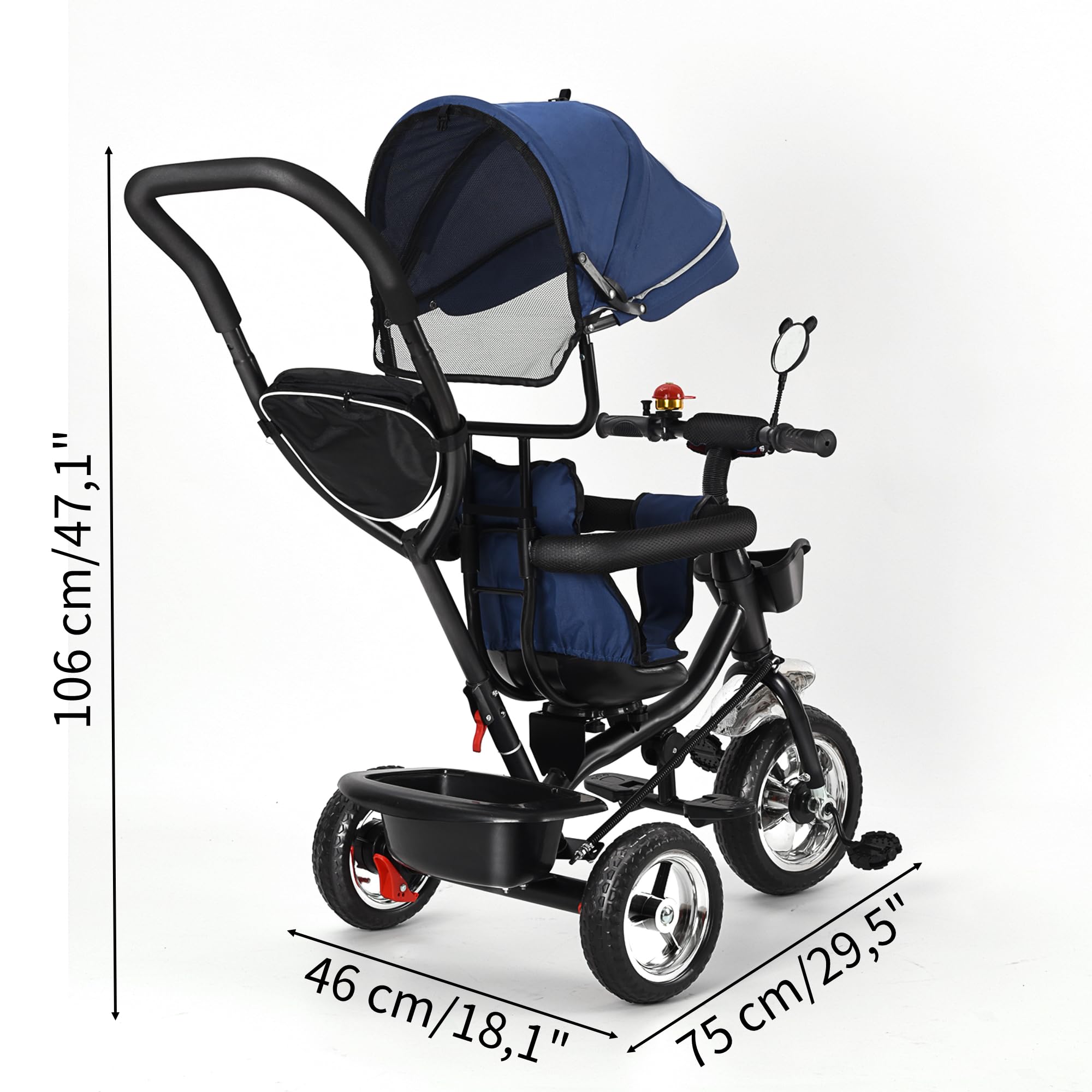 XUANYU Triciclo 3 En 1 Evolutivo Para Bebés De 2 A 7 Años – Cochecito, Andador Y Bicicleta Con Toldo, Cesta Y Barra De Empuje Ajustable (Azul)
