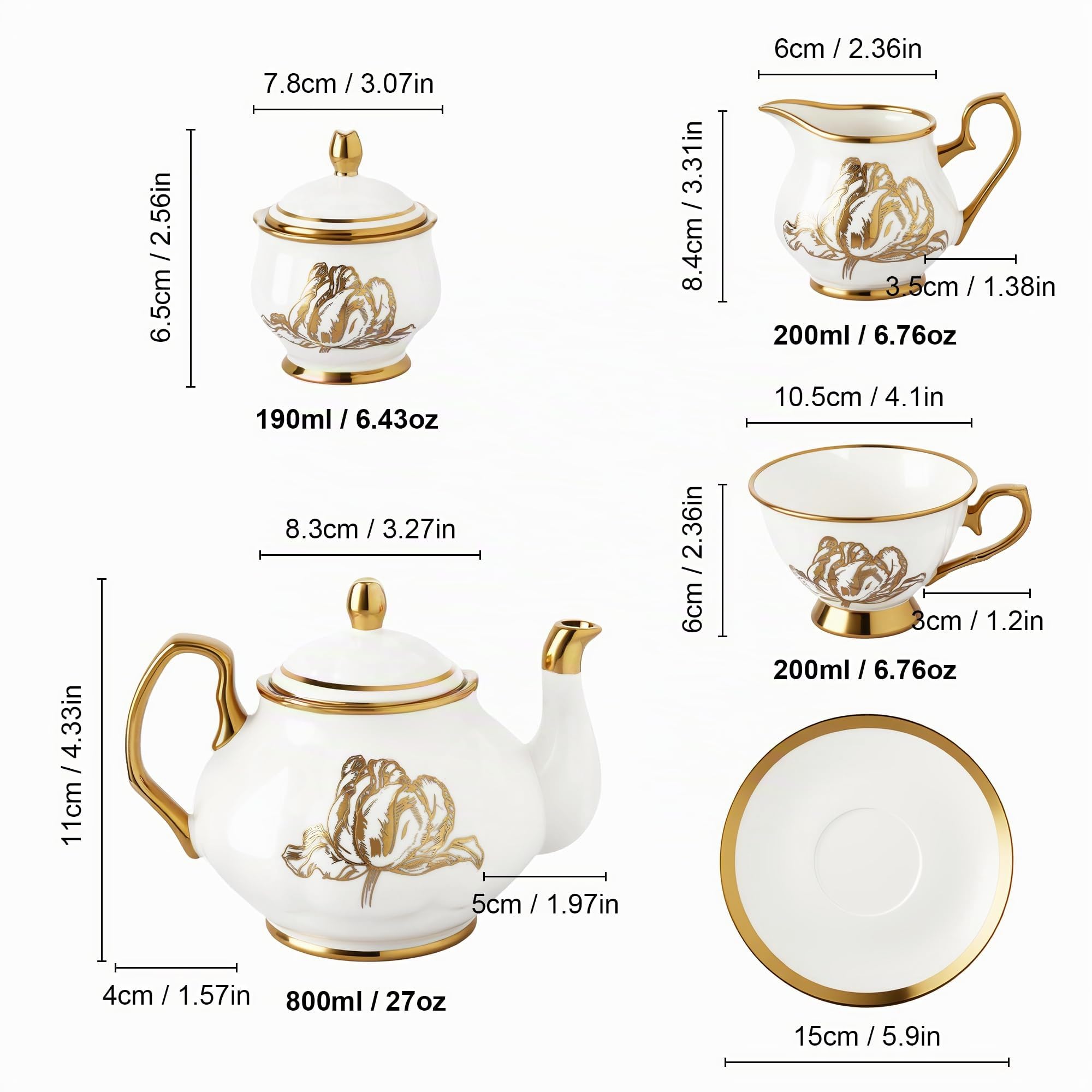 fanquare Servizio da Tè in Porcellana Britannica da 21 Pezzi, Set da Tè Gold Tulip per il Tè Pomeridiano, 6 Tazze da Tè e Piattini per Caffè a Casa, Matrimonio, Compleanno