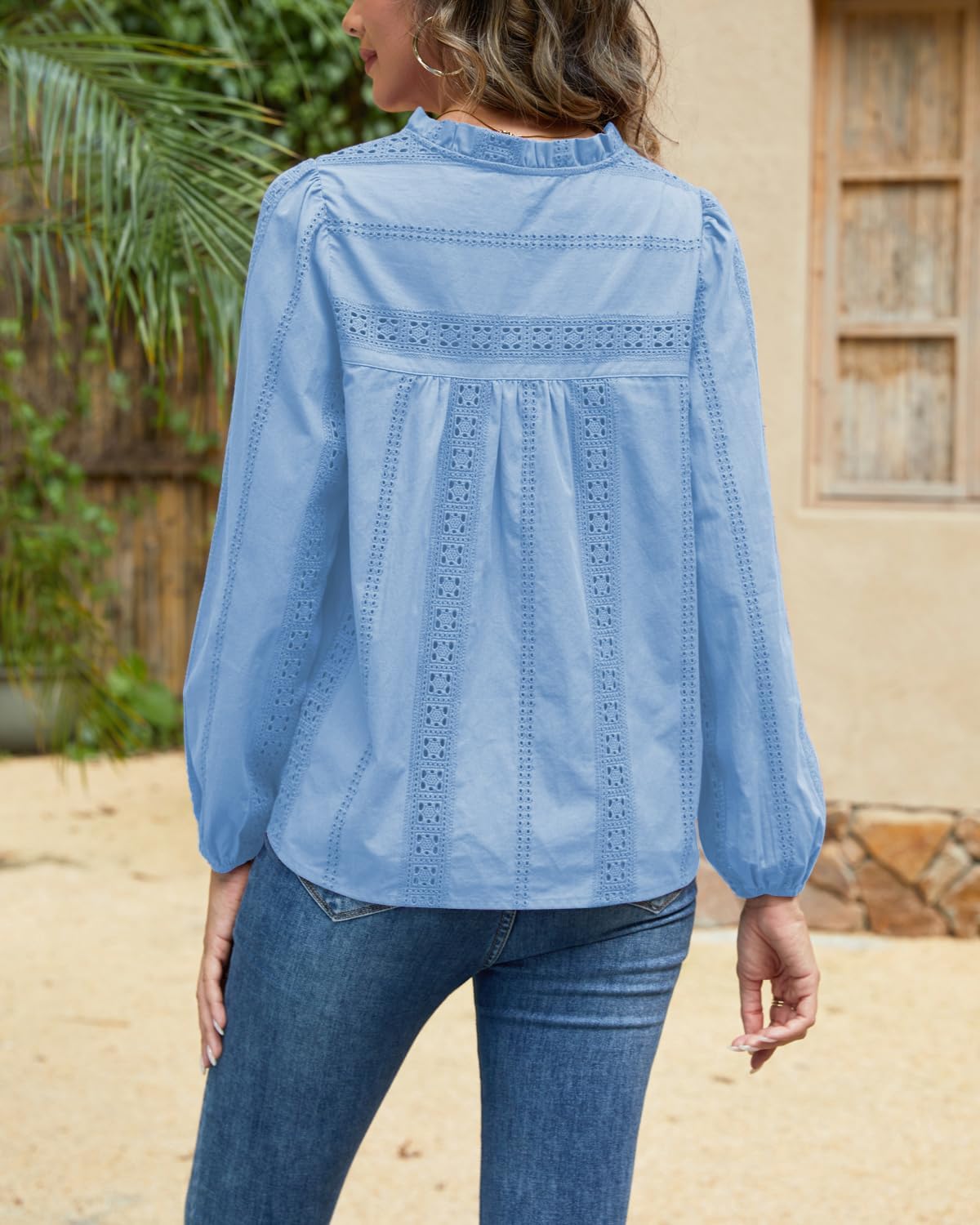 OWNGIGI Women Blouses Button-Down Shirt with Crochet Trim Long Sleeve Bohemian Blouse Dressy Casual Work Tops for Women - Image 5